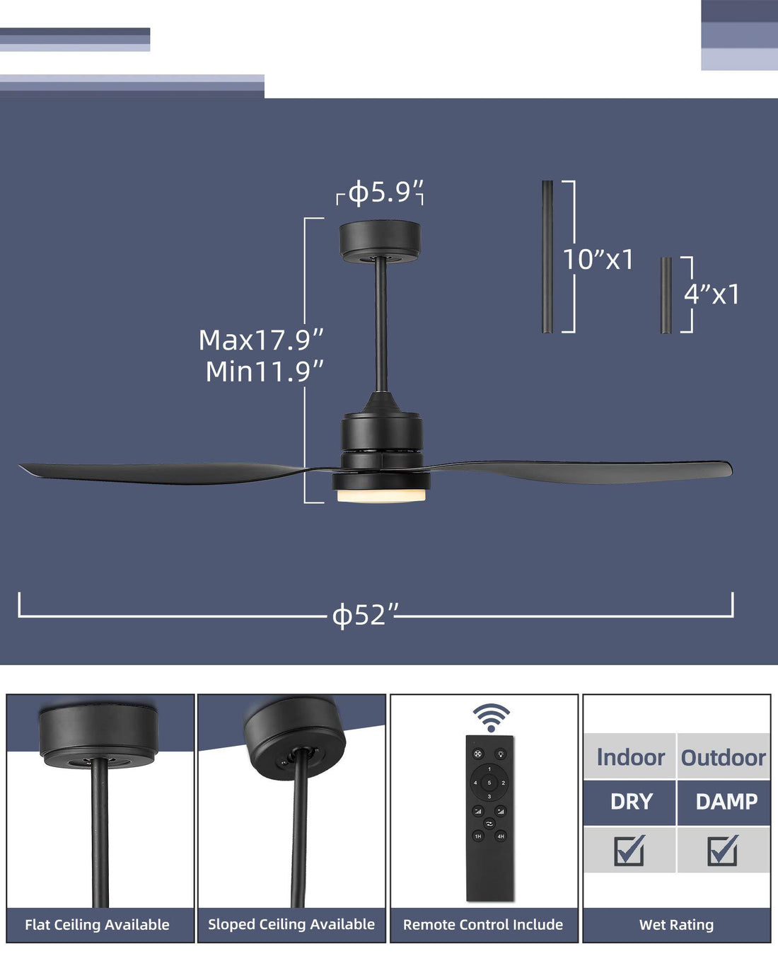 52 In Blade Led Standard Ceiling Fan with Remote