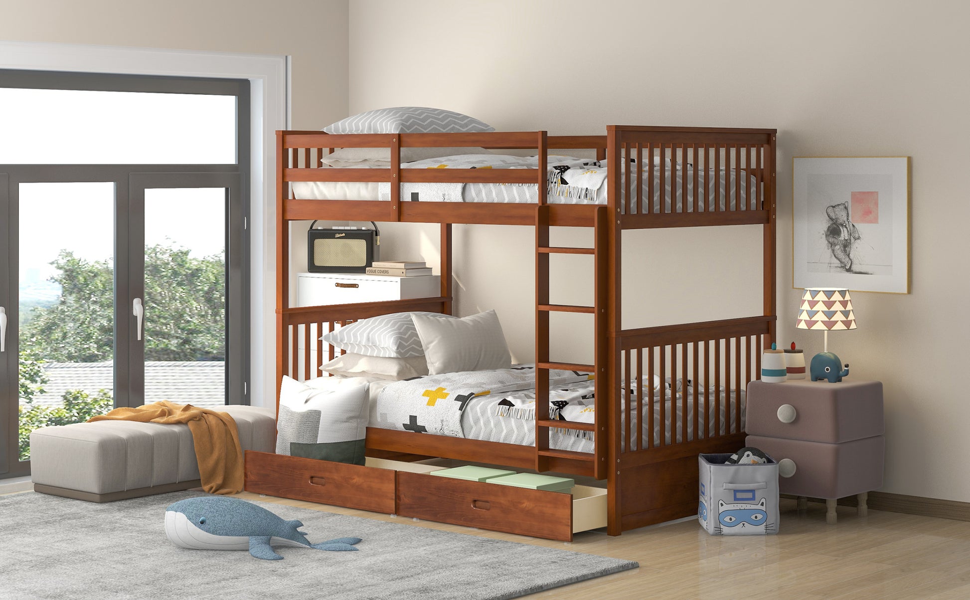 Twin Over Twin Bunk Bed with Ladders and Two Storage walnut-solid wood