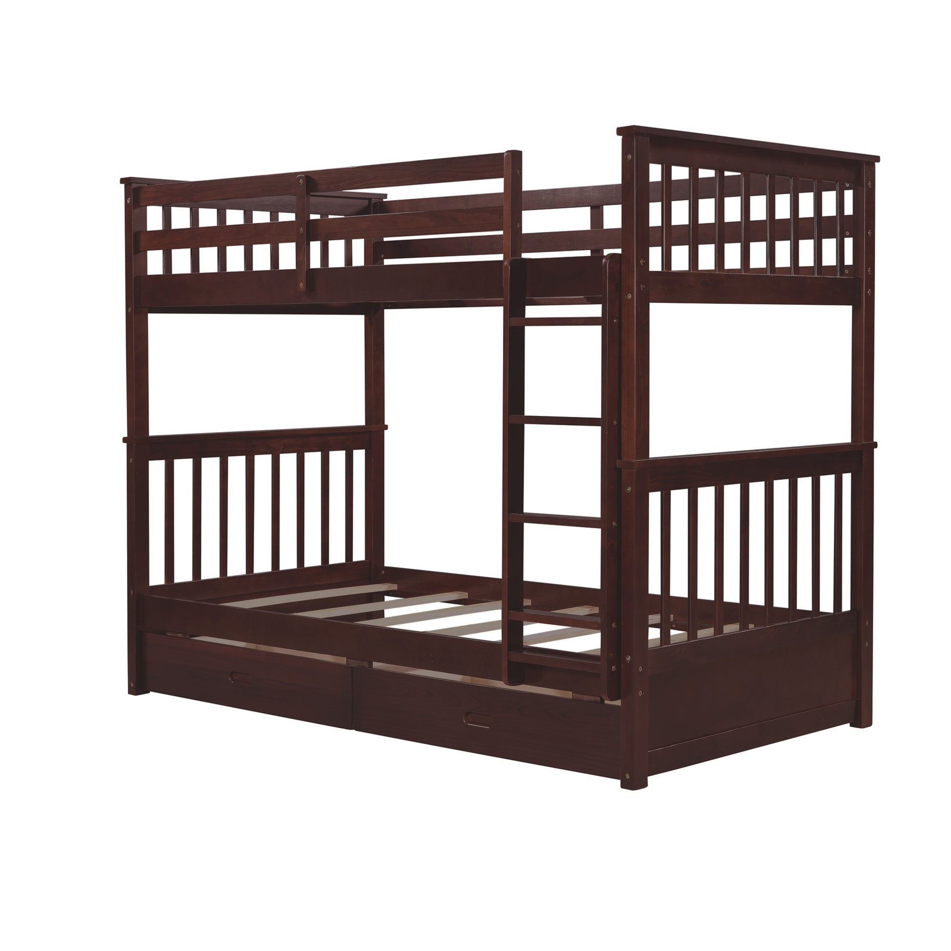 Twin Over Twin Bunk Bed with Ladders and Two Storage espresso-solid wood