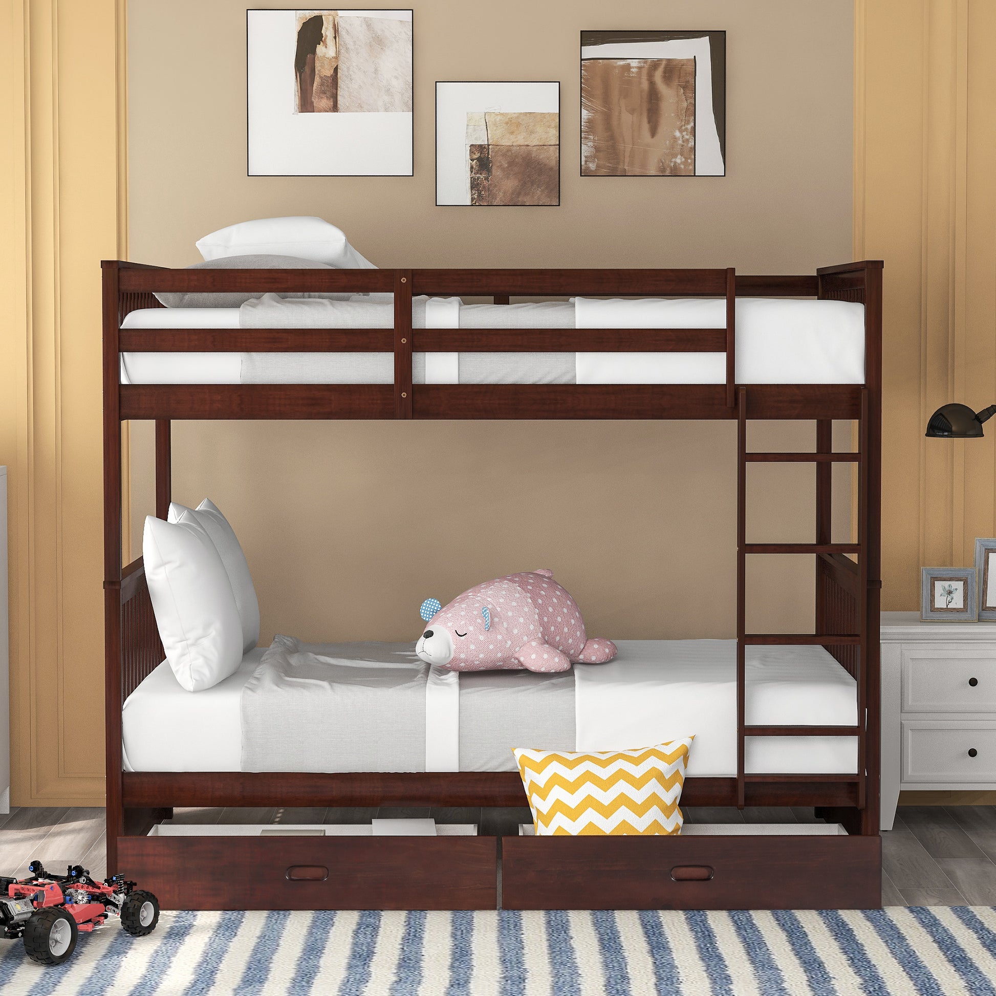 Twin Over Twin Bunk Bed with Ladders and Two Storage espresso-solid wood