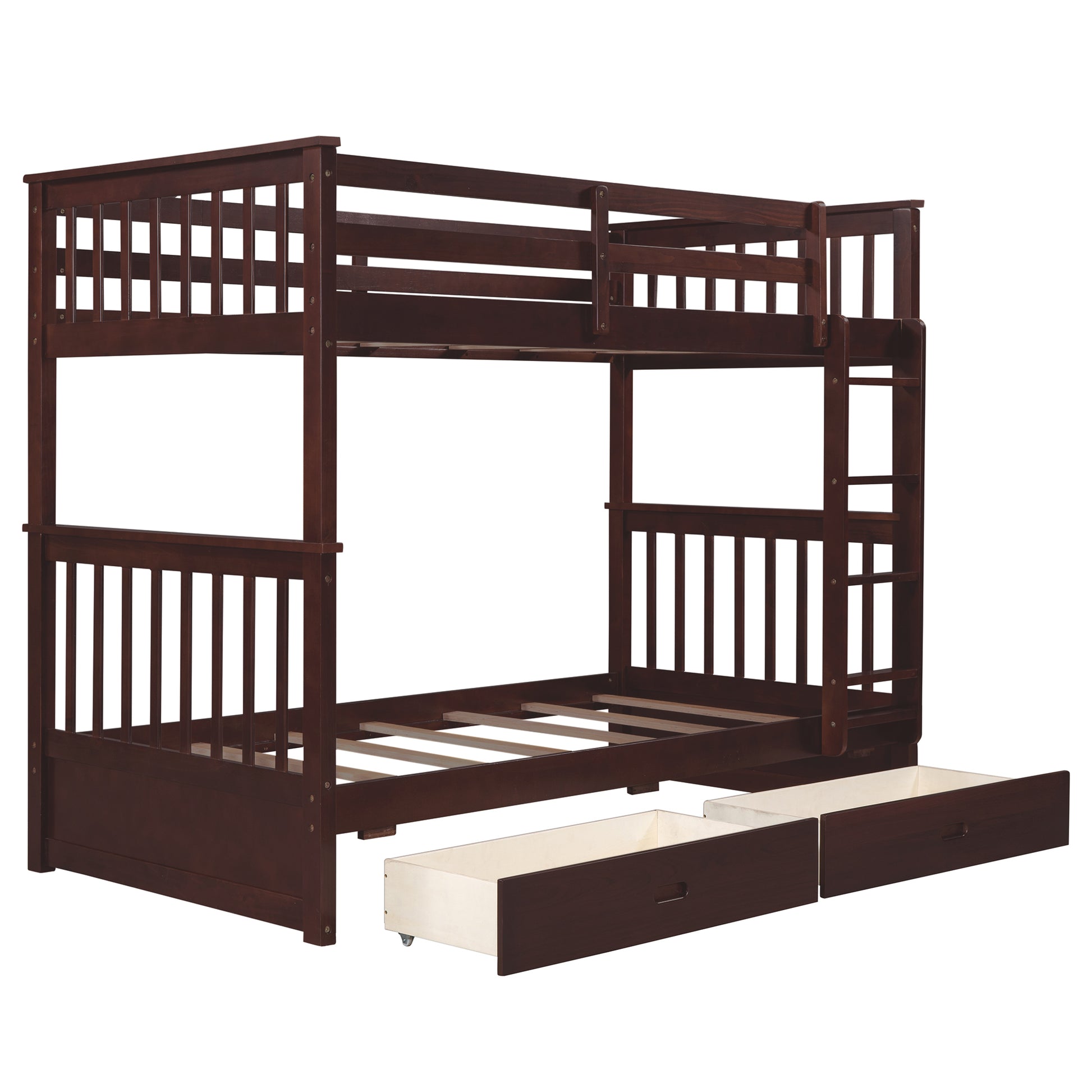 Twin Over Twin Bunk Bed with Ladders and Two Storage espresso-solid wood