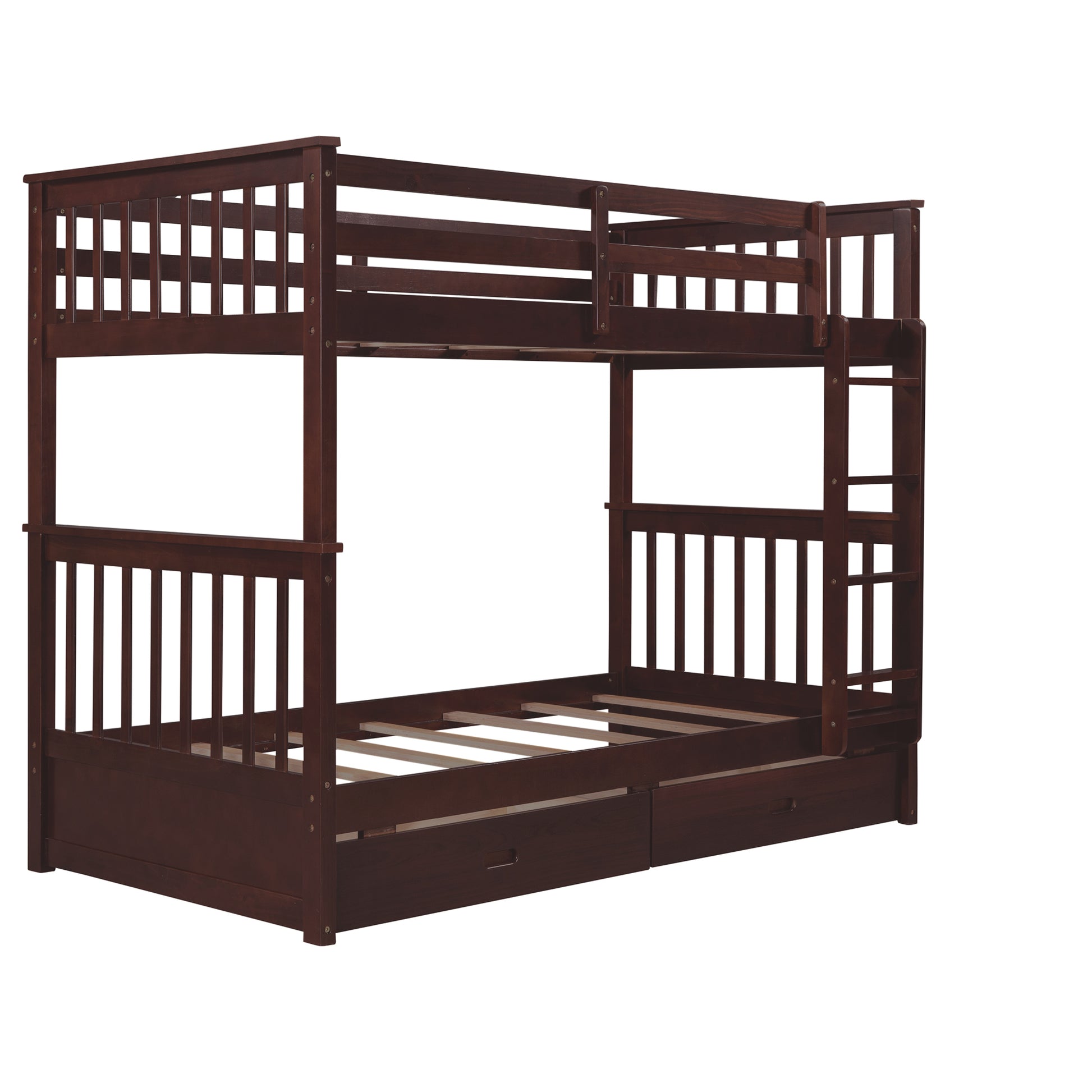 Twin Over Twin Bunk Bed with Ladders and Two Storage espresso-solid wood