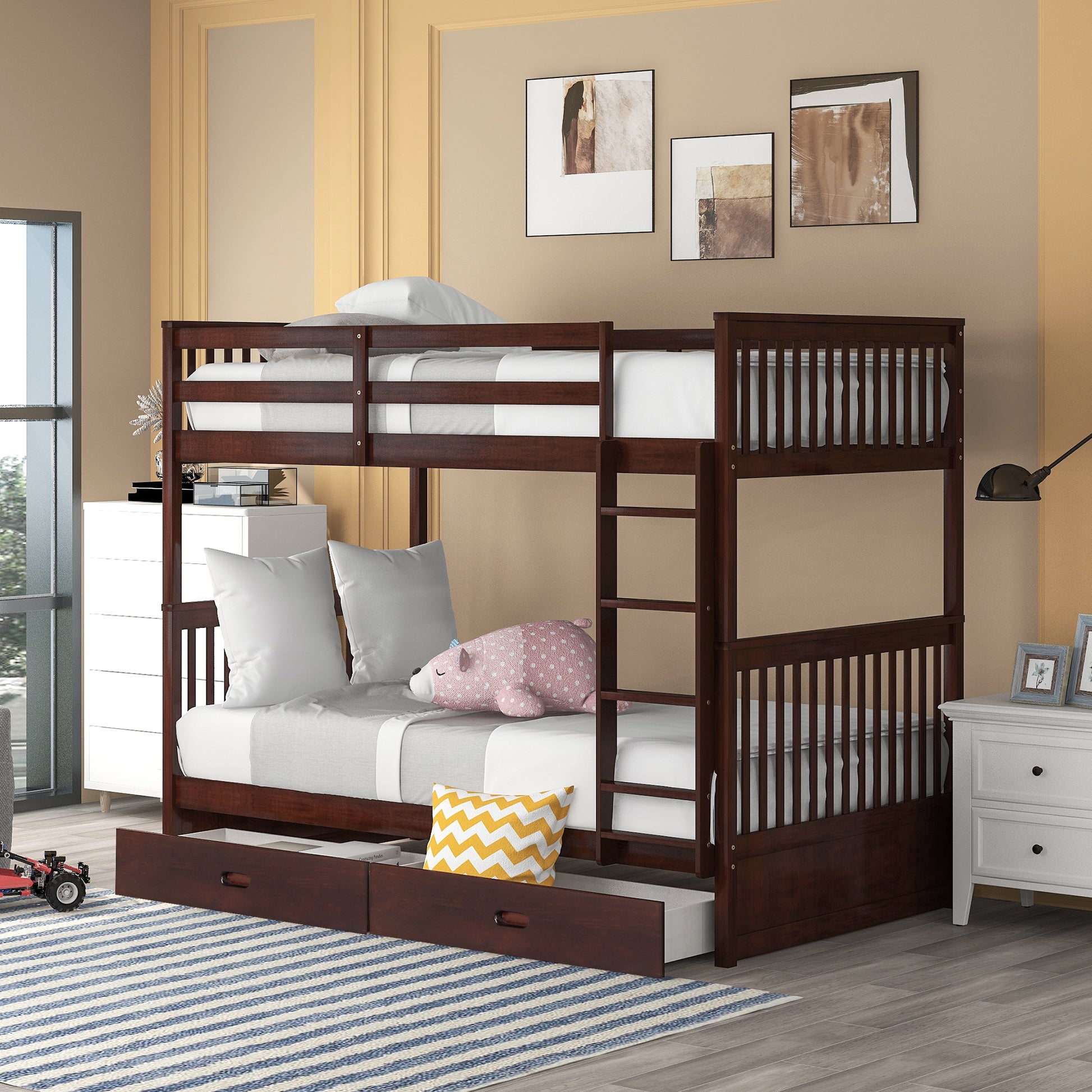 Twin Over Twin Bunk Bed with Ladders and Two Storage espresso-solid wood