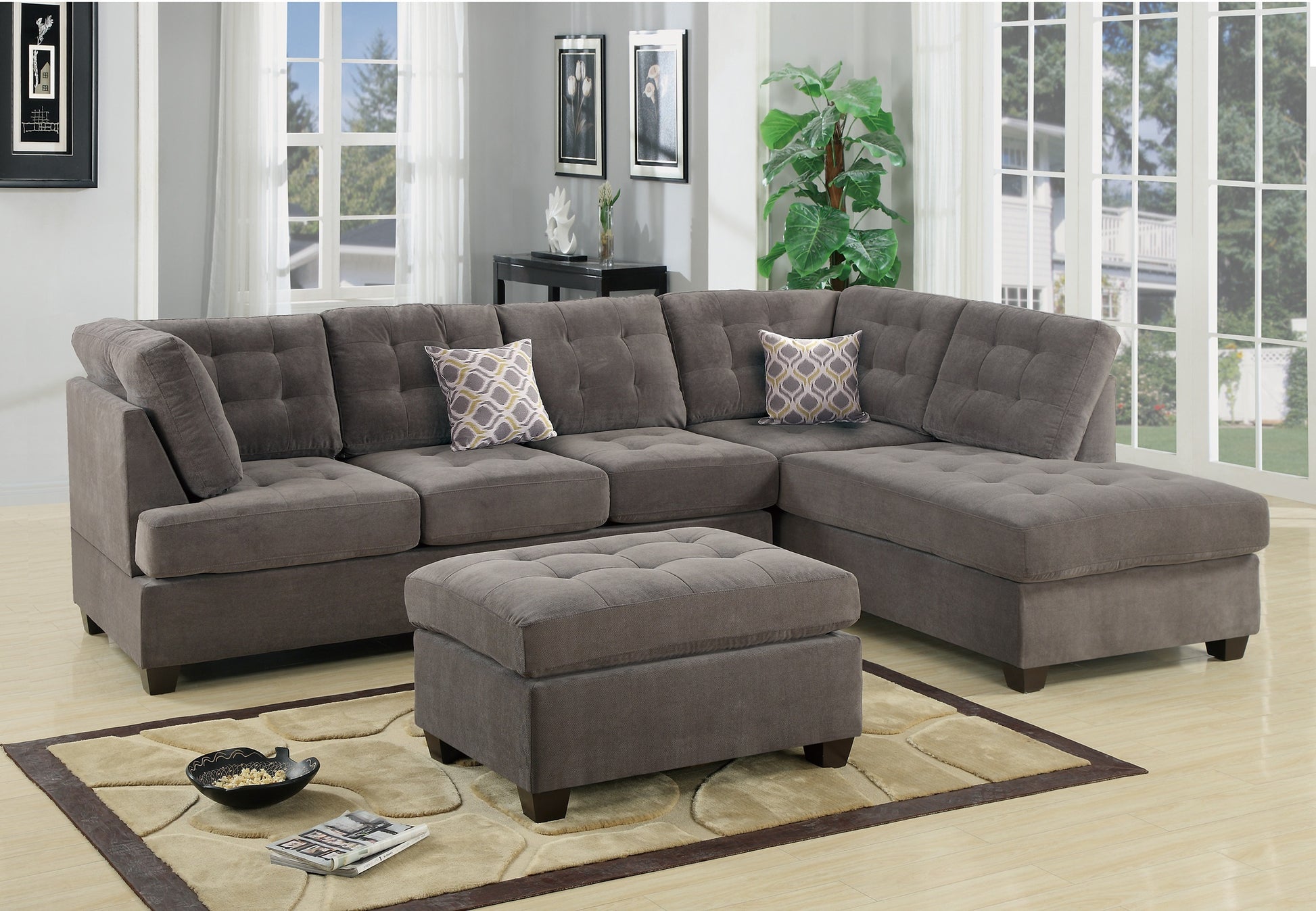 Living Room Sectional Waffle Suede Charcoal Color charcoal grey-suede-wood-primary living