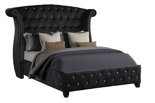 Sophia Crystal Tufted Full Bed Made with Wood in Black box spring not