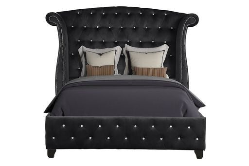 Sophia Crystal Tufted Full Bed Made with Wood in Black box spring not