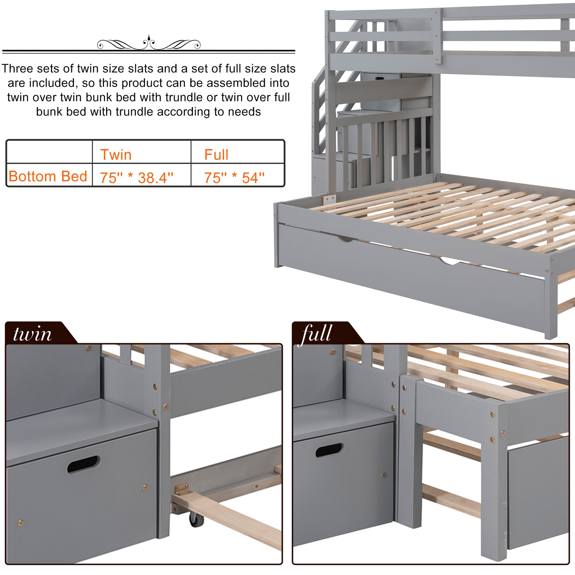 Twin over Twin Full Bunk Bed with Twin Size Trundle gray-solid wood