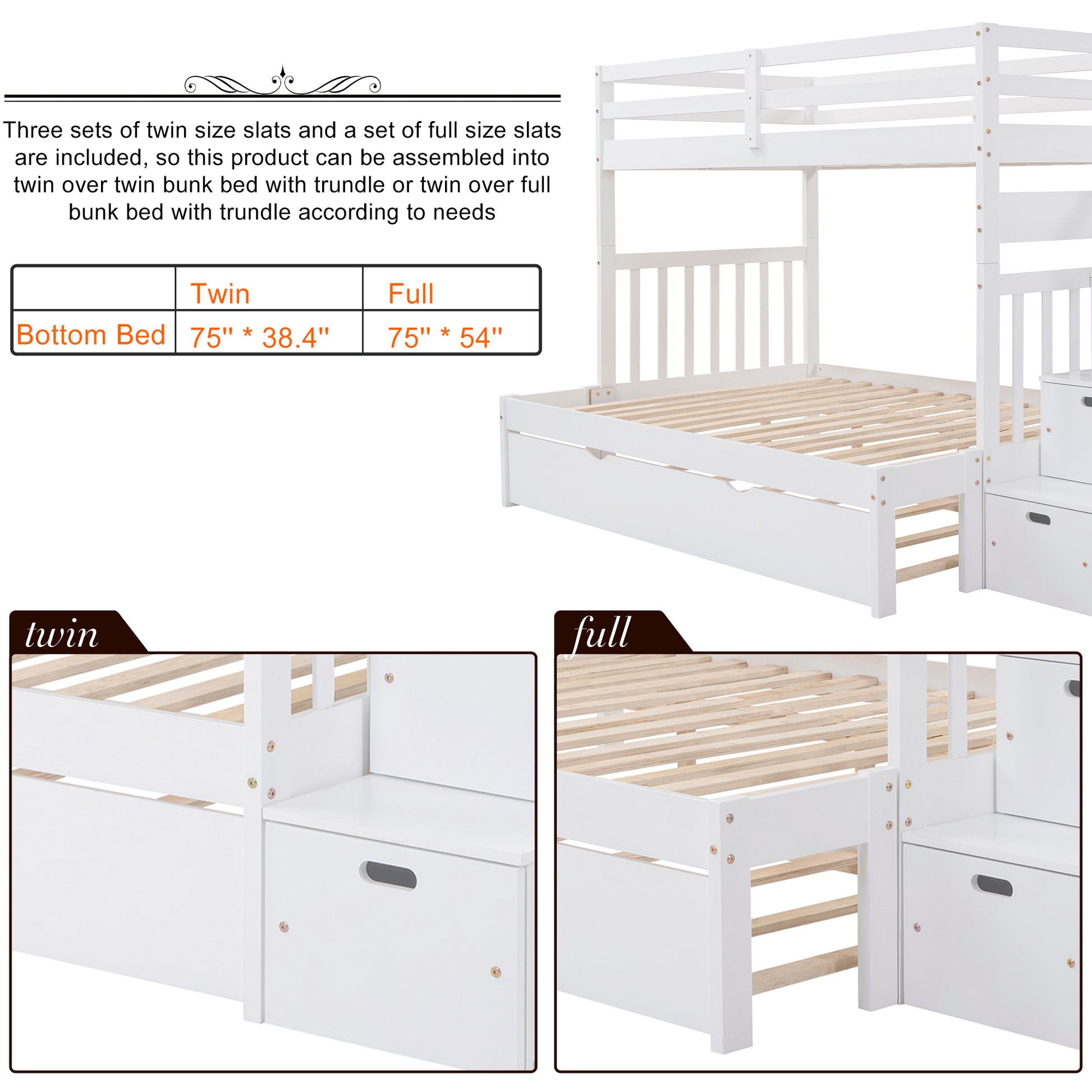 Twin over Twin Full Bunk Bed with Twin Size Trundle white-solid wood