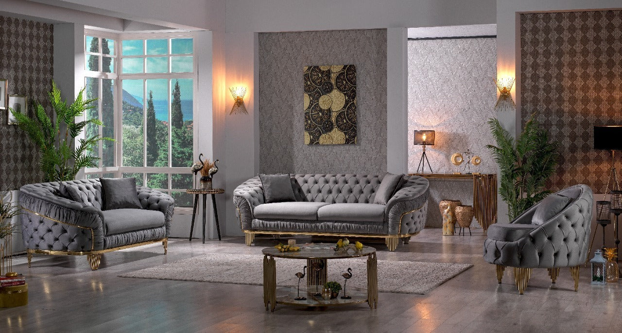 Vanessa Loveseat in Grey and Gold with Fabric button grey-wood-primary living space-modern-solid