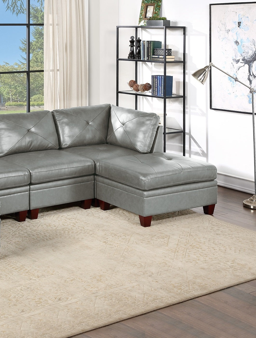 Genuine Leather Sectional Sofa Chair Ottomans 6pc Set grey-genuine leather-wood-primary living