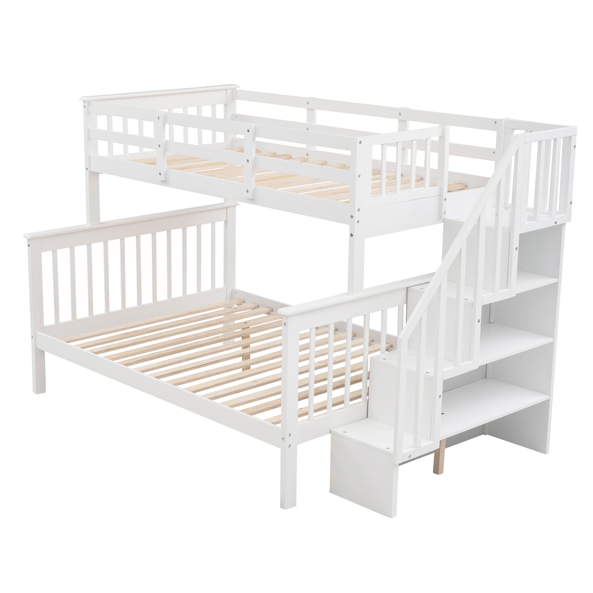 Stairway Twin Over Full Bunk Bed with Storage and white-solid wood