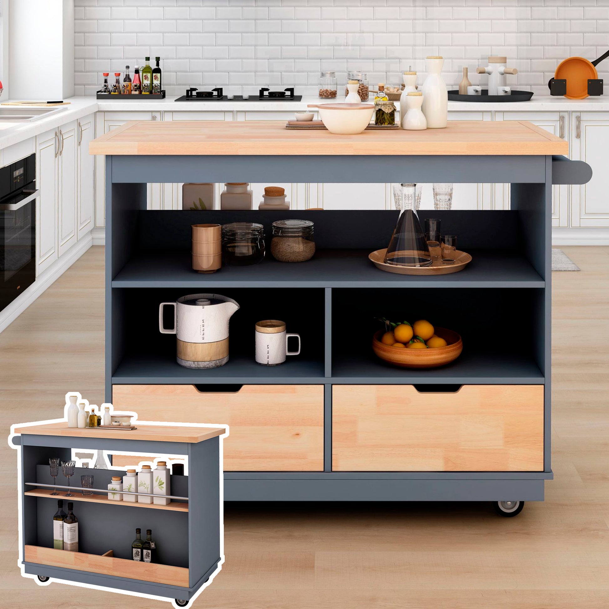 Rolling Kitchen Island with Storage, Two sided Kitchen blue-kitchen-classic-french-mid-century