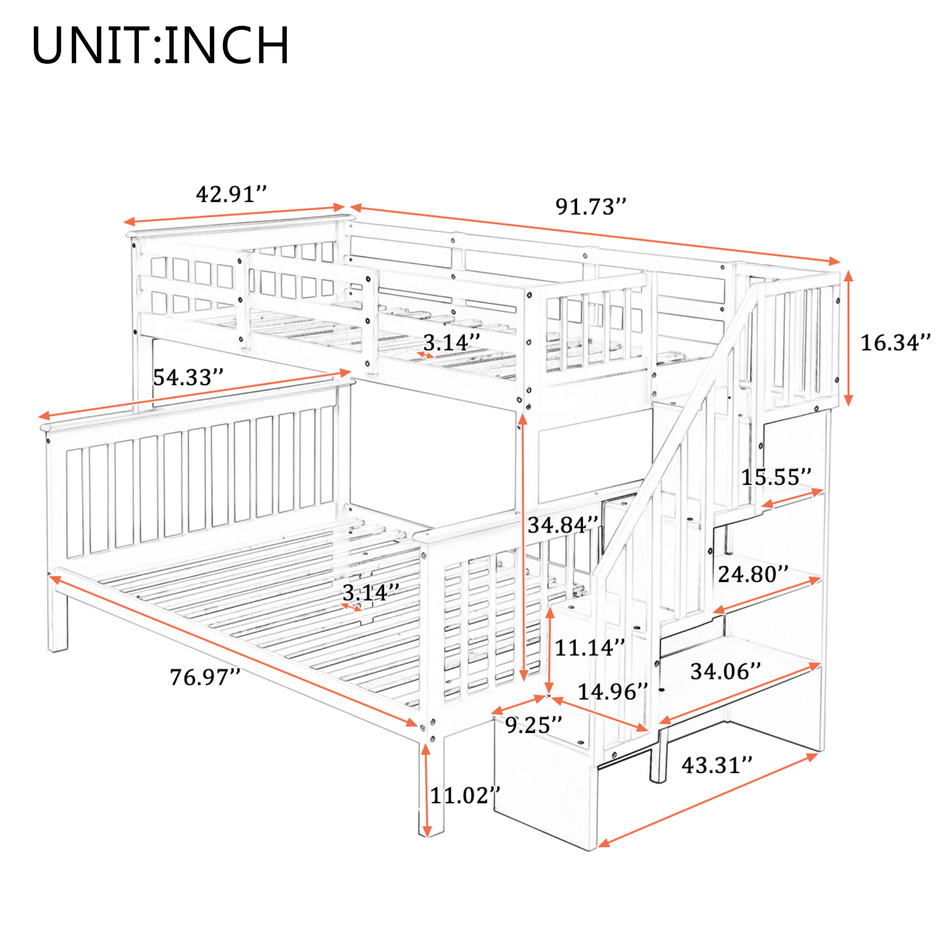 Stairway Twin Over Full Bunk Bed with Storage and gray-solid wood