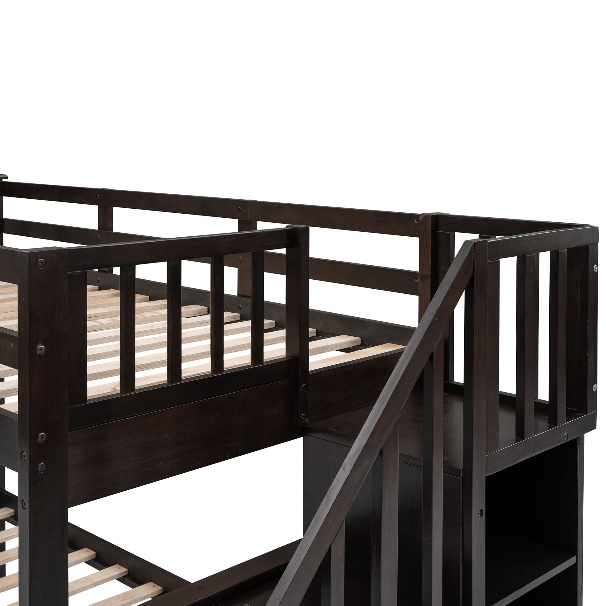 Stairway Twin Over Full Bunk Bed with Storage and espresso-solid wood