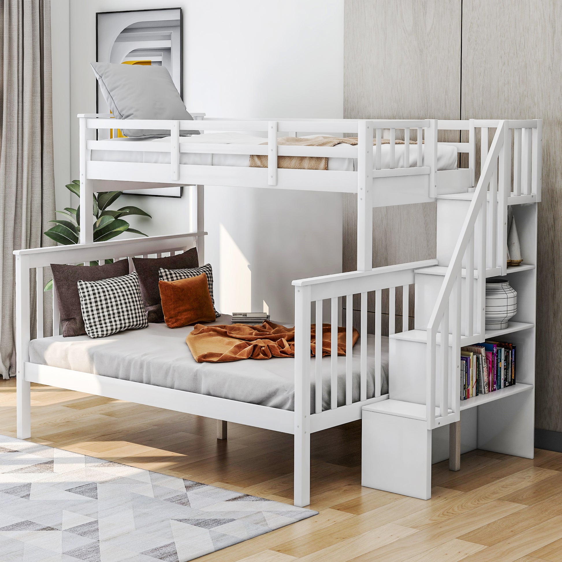 Stairway Twin Over Full Bunk Bed with Storage and white-solid wood