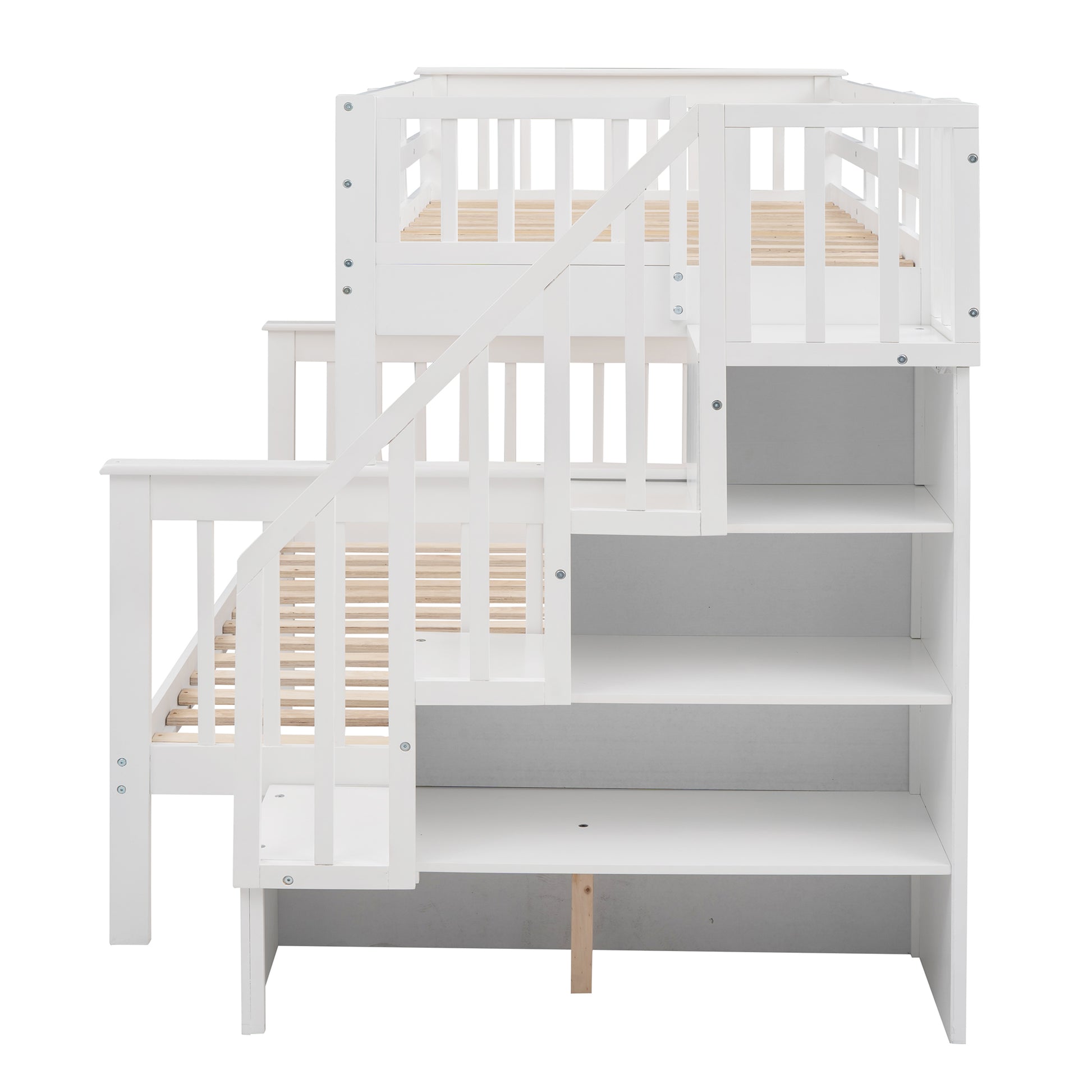 Stairway Twin Over Full Bunk Bed with Storage and white-solid wood