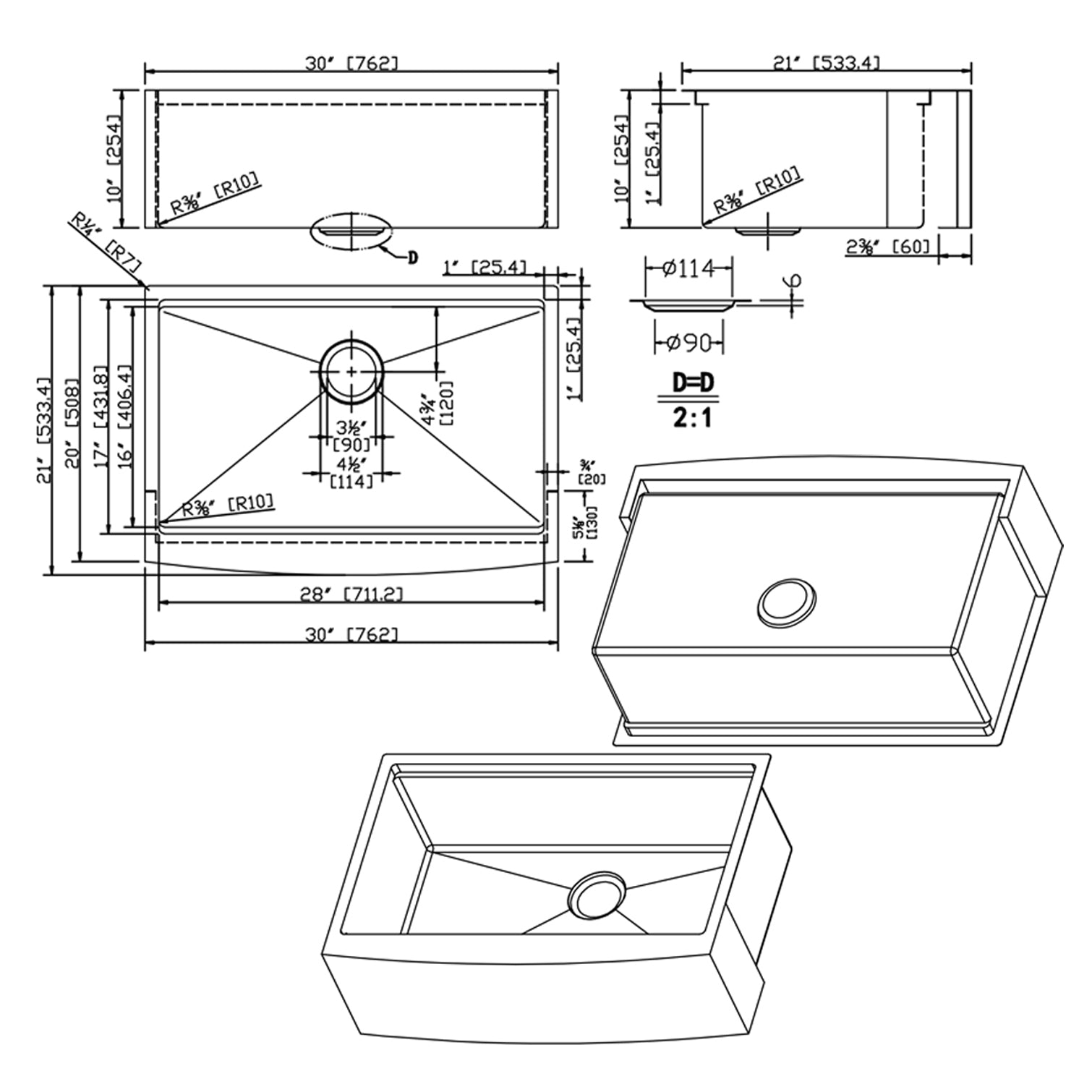 30" L X 21" W Farmhouse Kitchen Sink Matte Black black-stainless steel