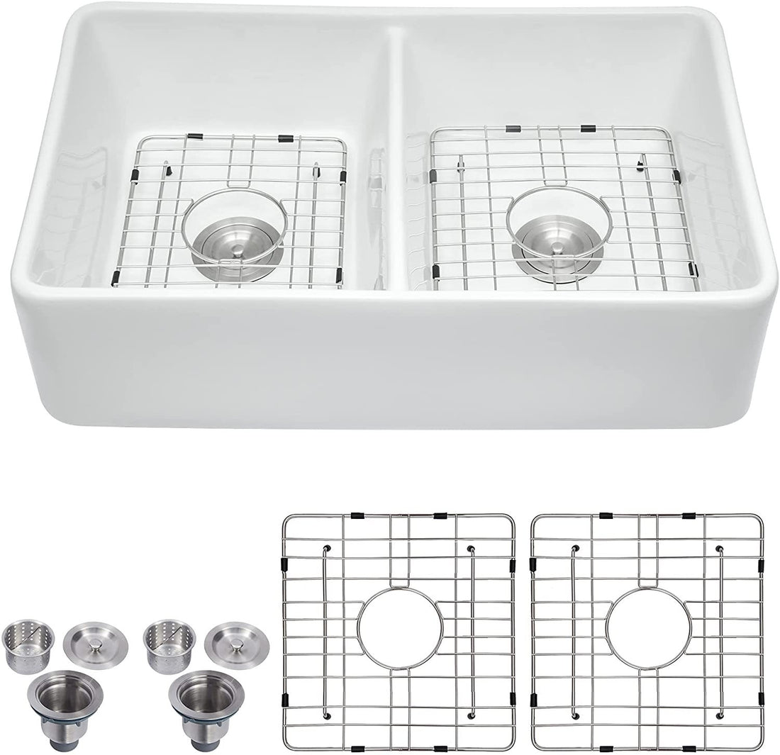 32" L x 20" W Double Basin Farmhouse Kitchen Sink with white-ceramic