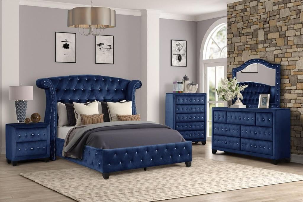 Sophia Crystal Tufted Queen bed made with wood in Blue box spring not