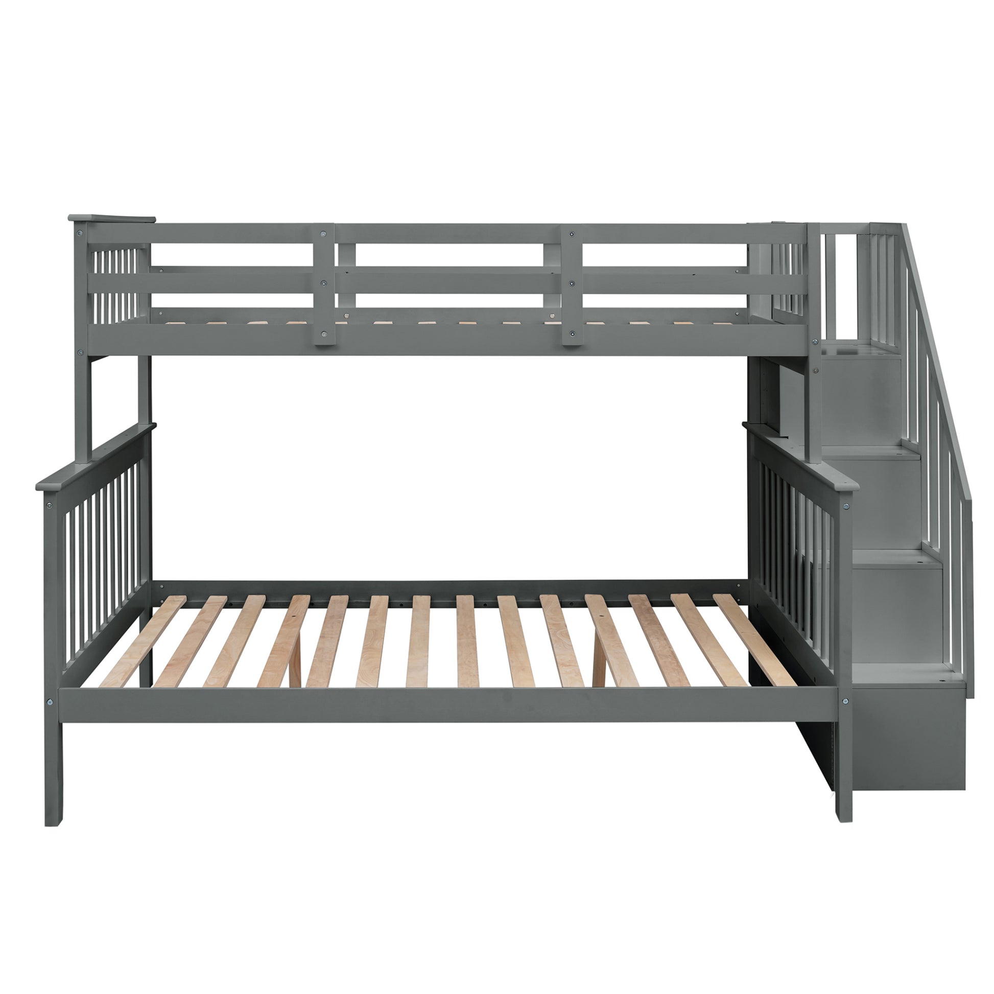 Stairway Twin Over Full Bunk Bed with Storage and gray-solid wood