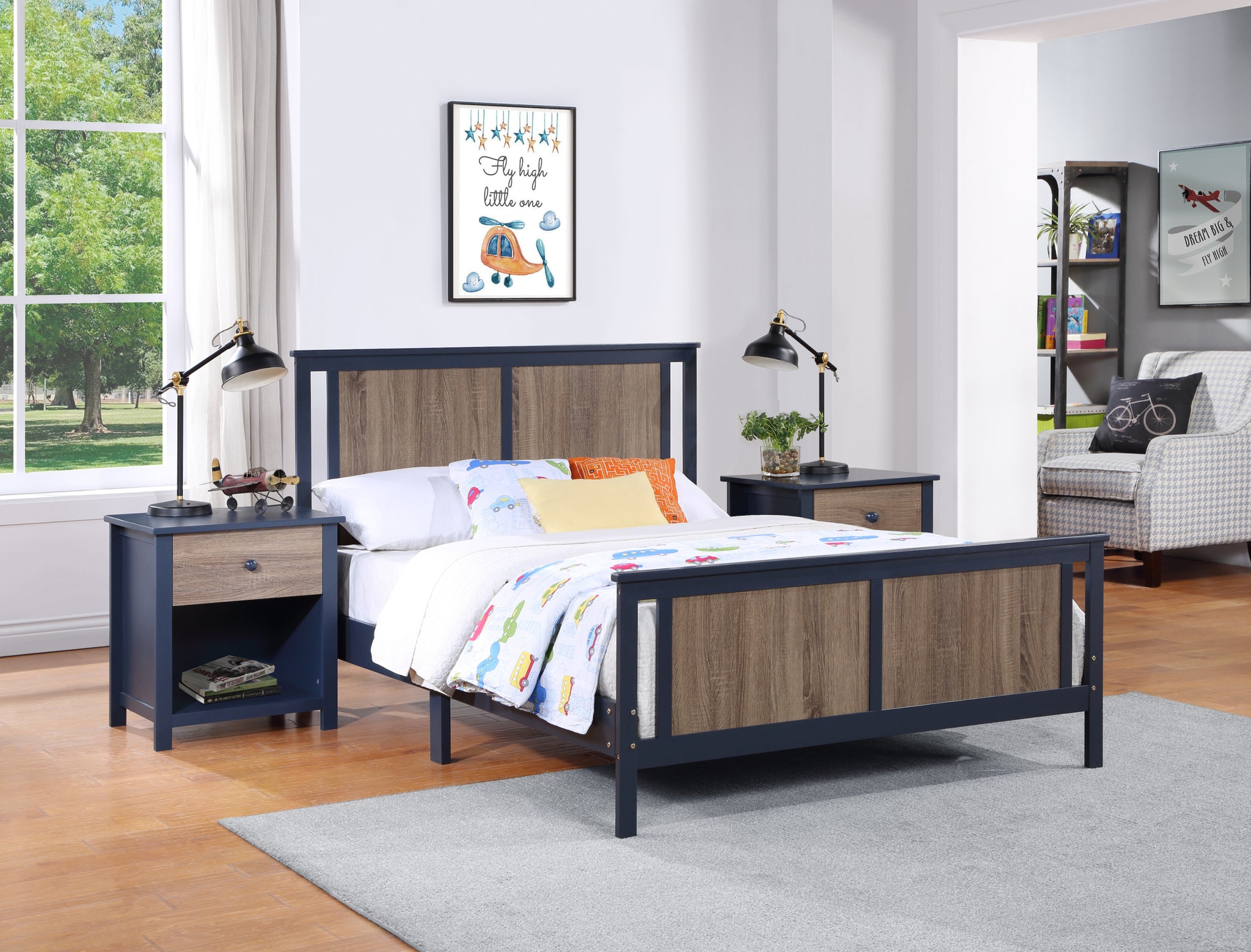 Connelly Full Bed Midnight Blue Vintage Walnut