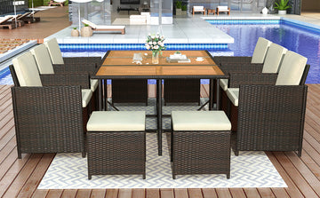 11 Piece Patio All Weather PE Wicker Dining yes-complete patio set-brown-water resistant