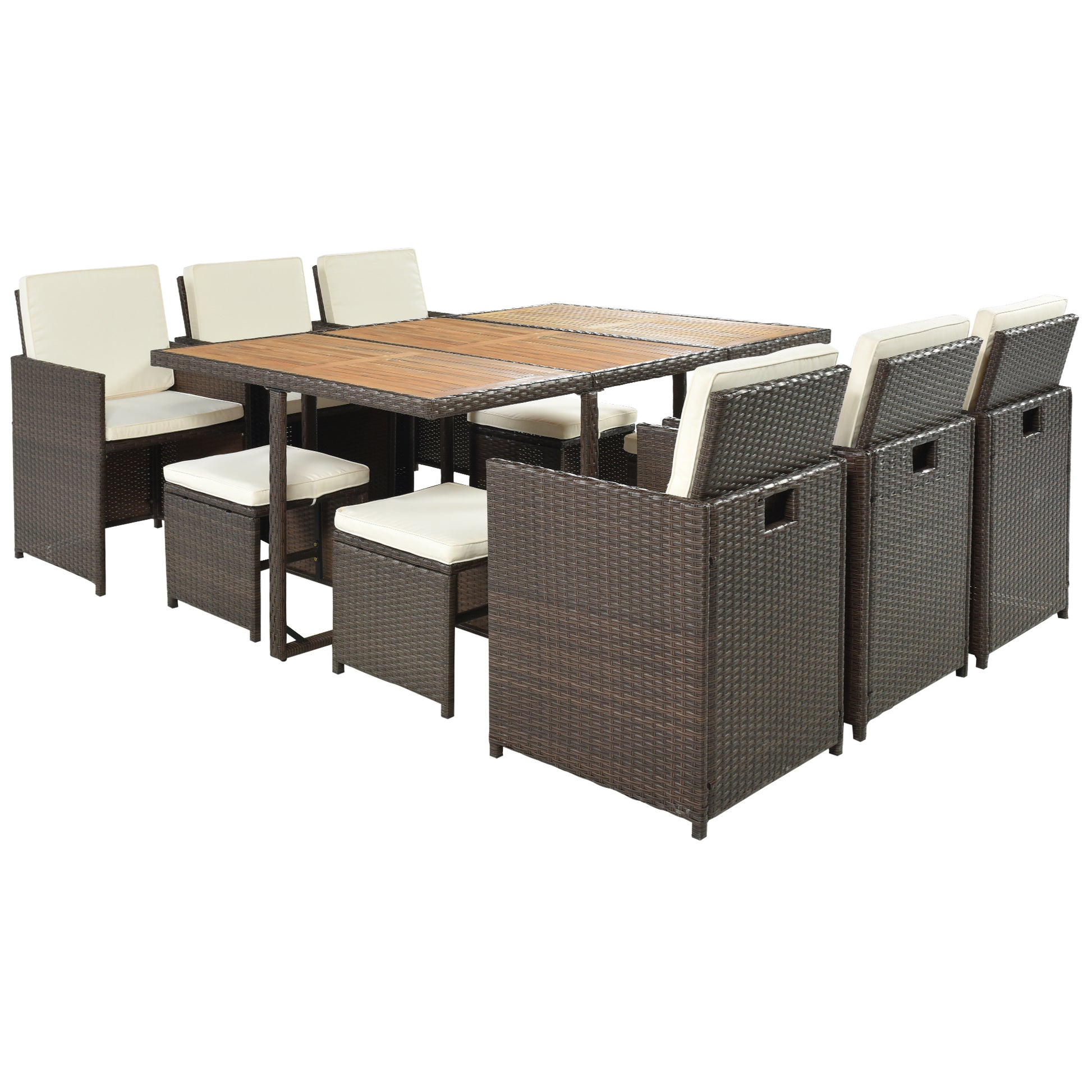 11 Piece Patio All Weather PE Wicker Dining yes-complete patio set-brown-water resistant