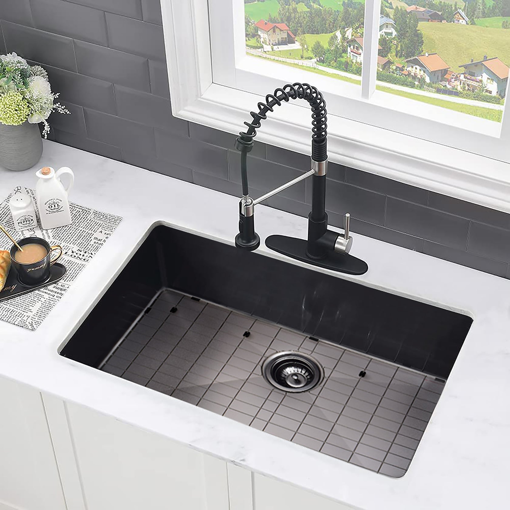 30" L X 18" W Undermount Kitchen Sink With Sink Grid gunmetal black-stainless steel