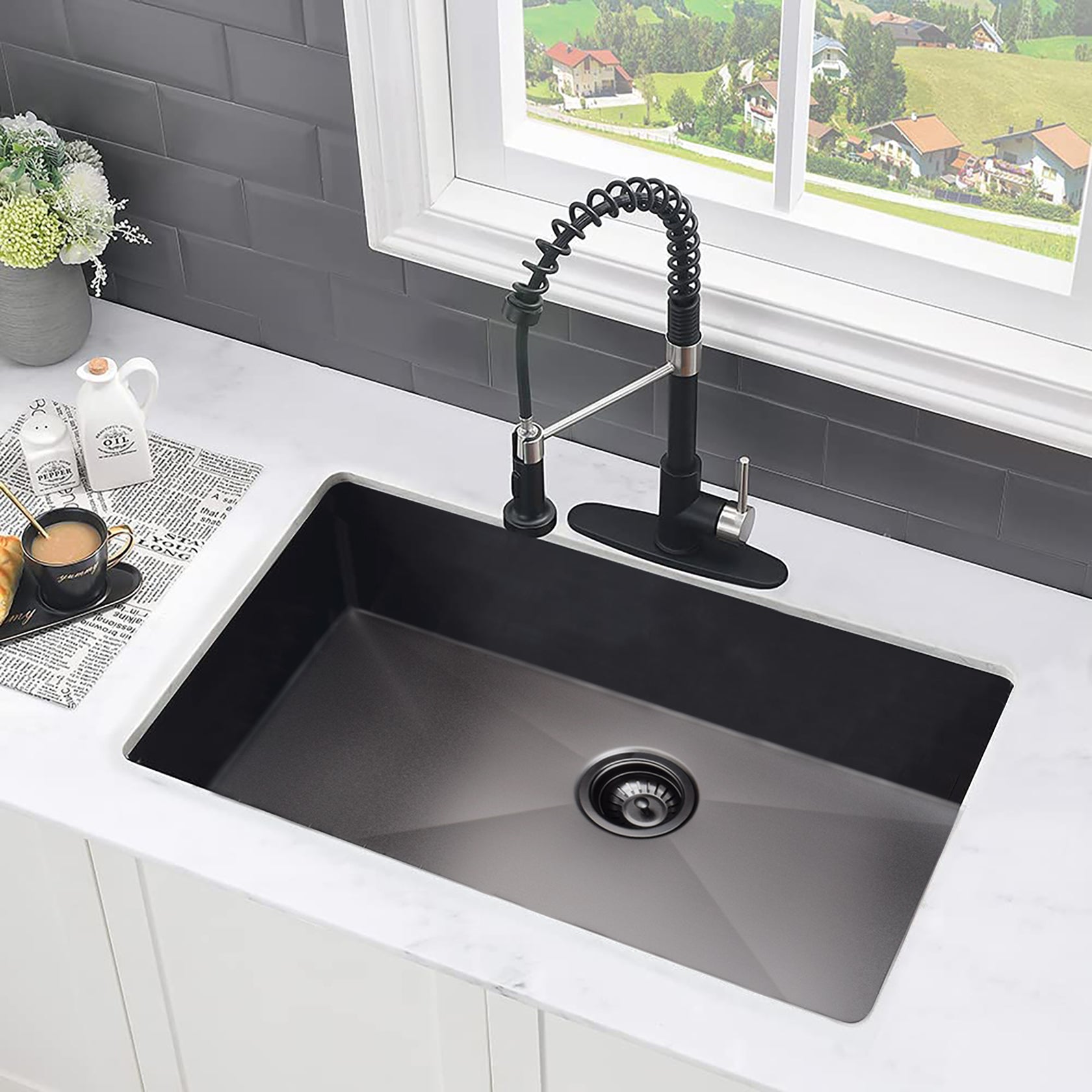 30" L X 18" W Undermount Kitchen Sink With Sink Grid gunmetal black-stainless steel