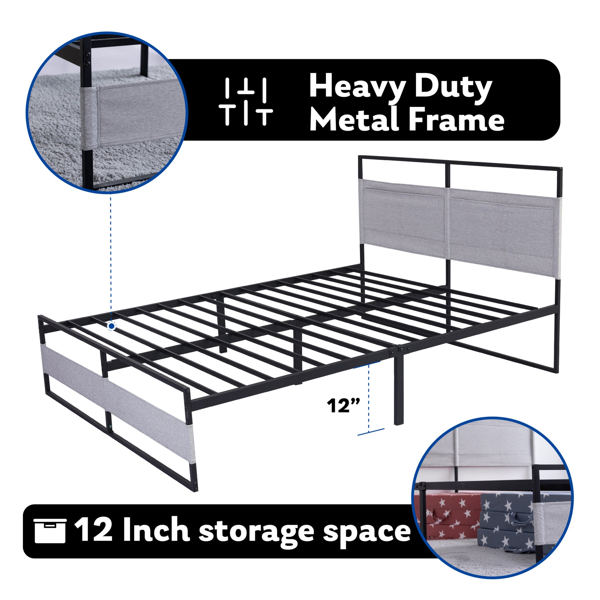 V4 Metal Bed Frame 14 Inch Queen Size with Headboard grey-metal