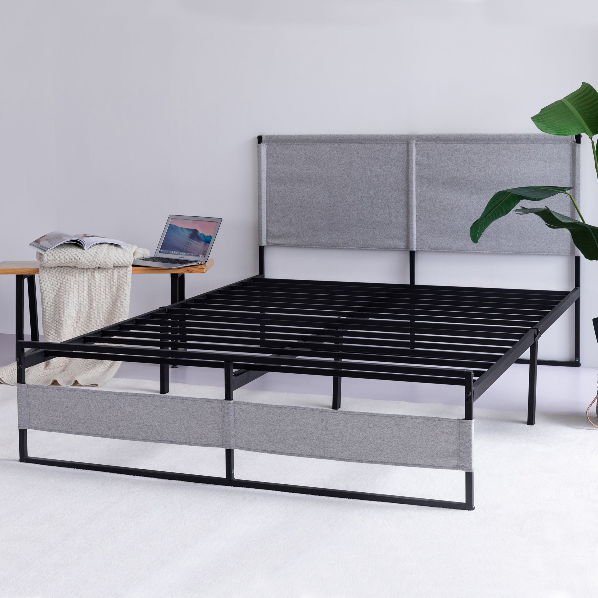 V4 Metal Bed Frame 14 Inch Queen Size with Headboard grey-metal