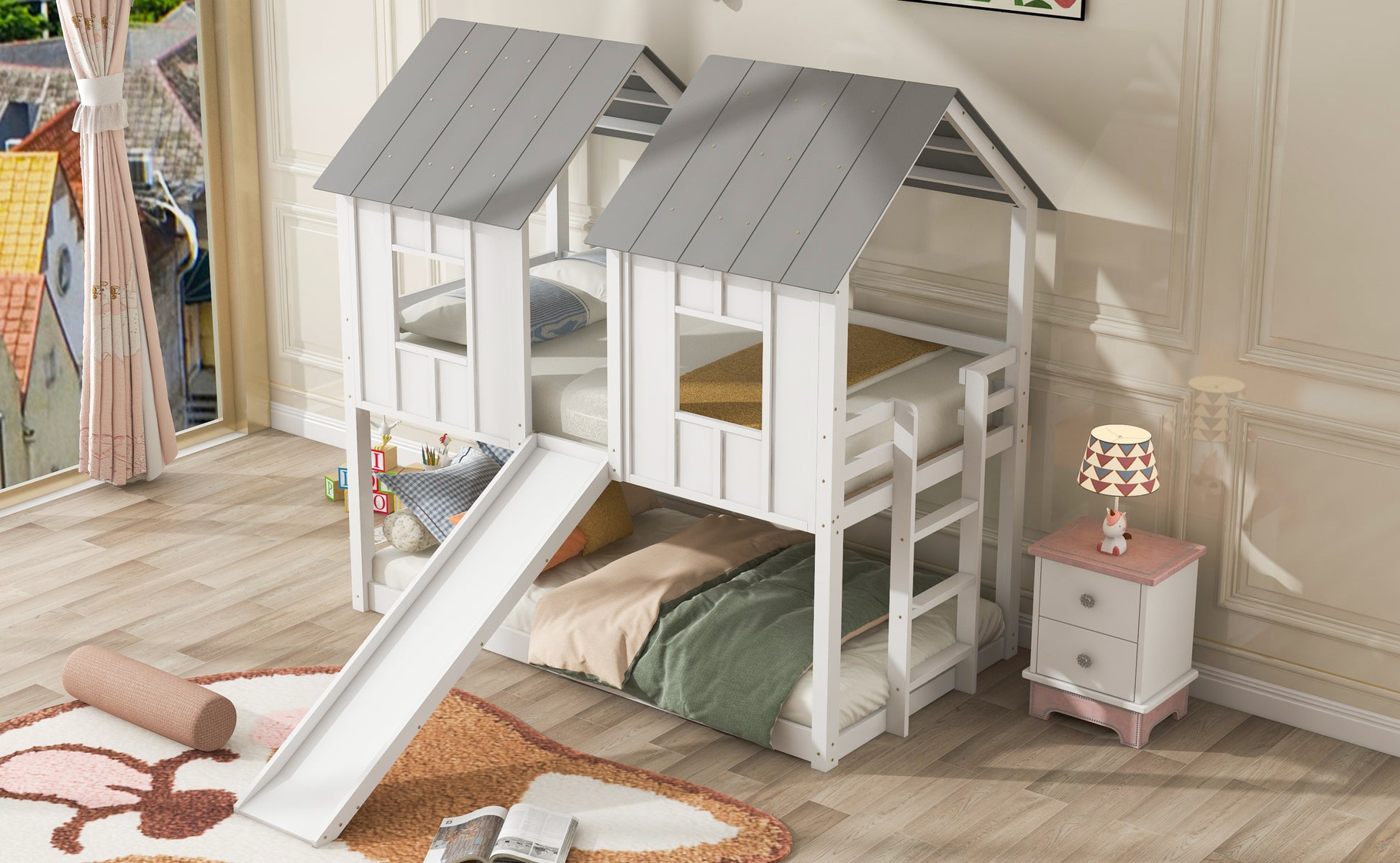 Twin Over Twin House Bunk Bed With Slide And -