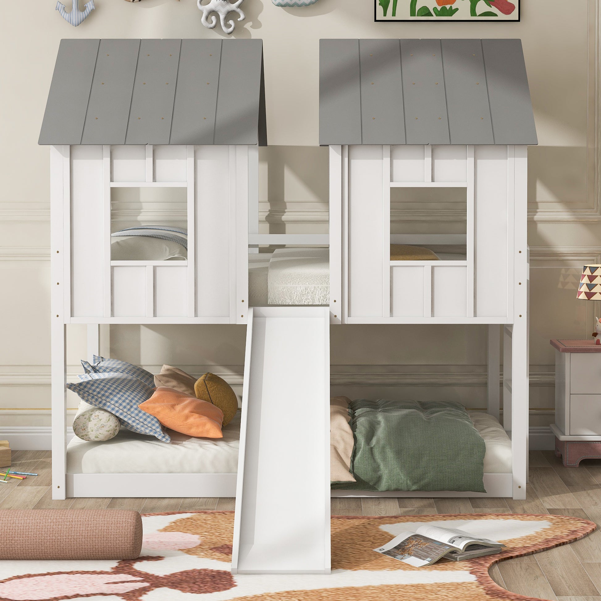 Twin Over Twin House Bunk Bed With Slide And -