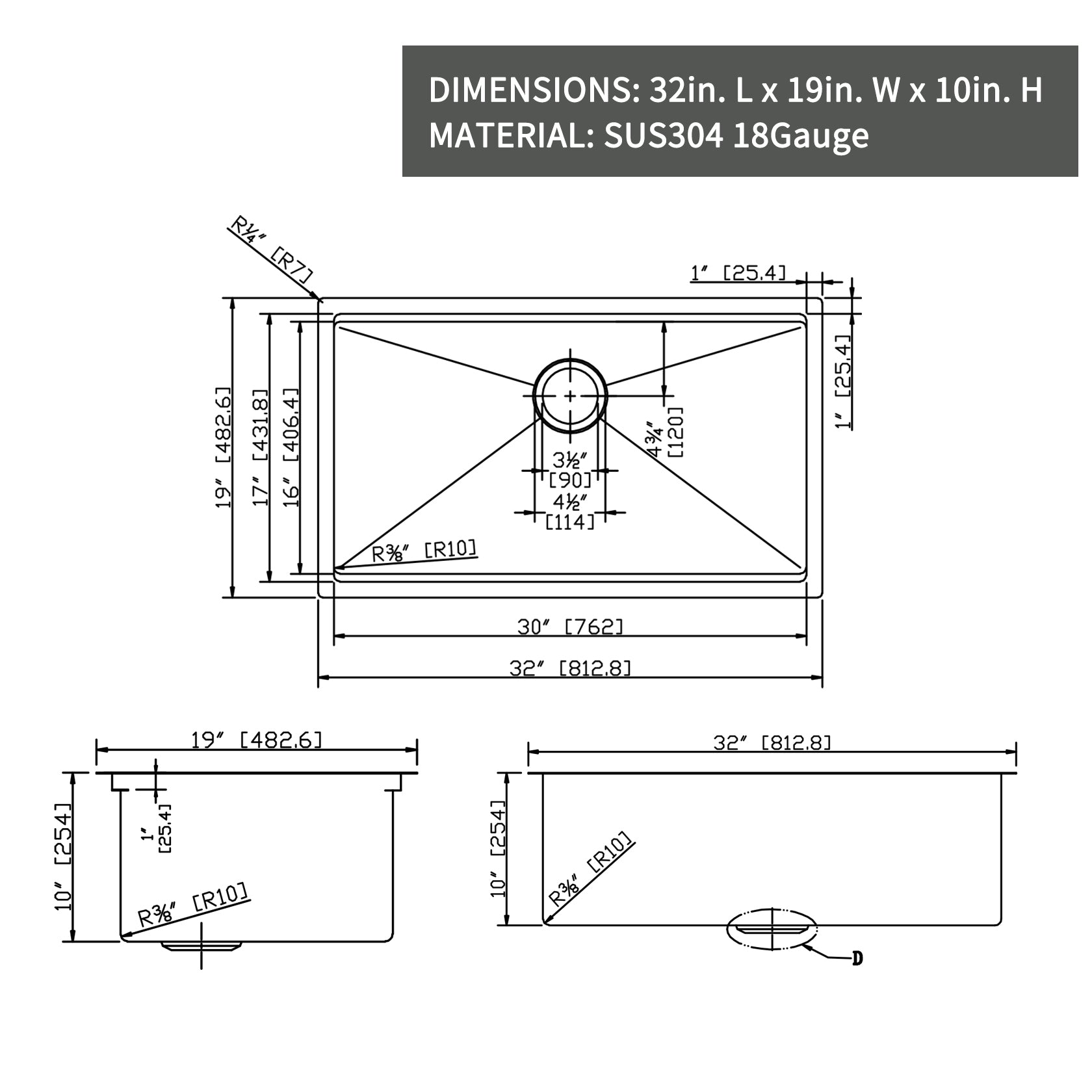 Workstation 32" L X 19" W Undermount Kitchen Sink With black-stainless steel