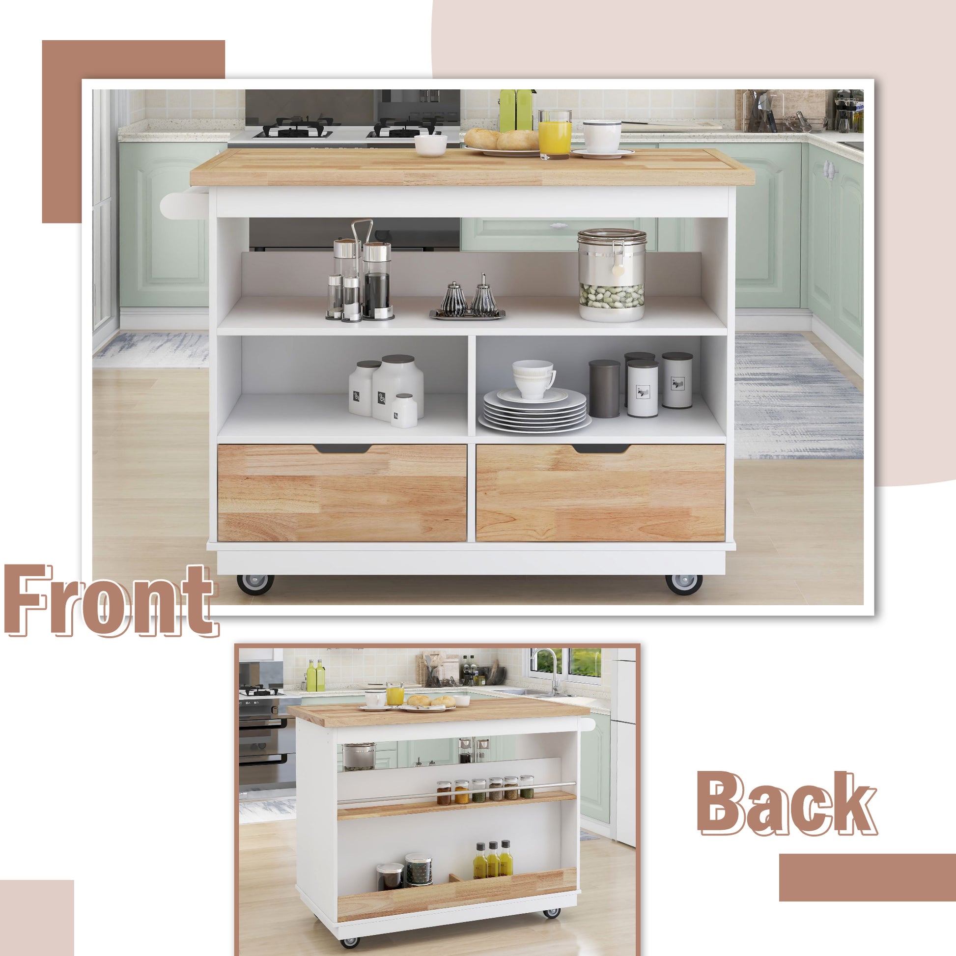 Rolling Kitchen Island with Storage, Two sided Kitchen