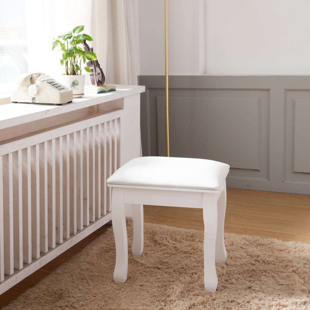 White Vanity Stool Padded Makeup Chair Bench with