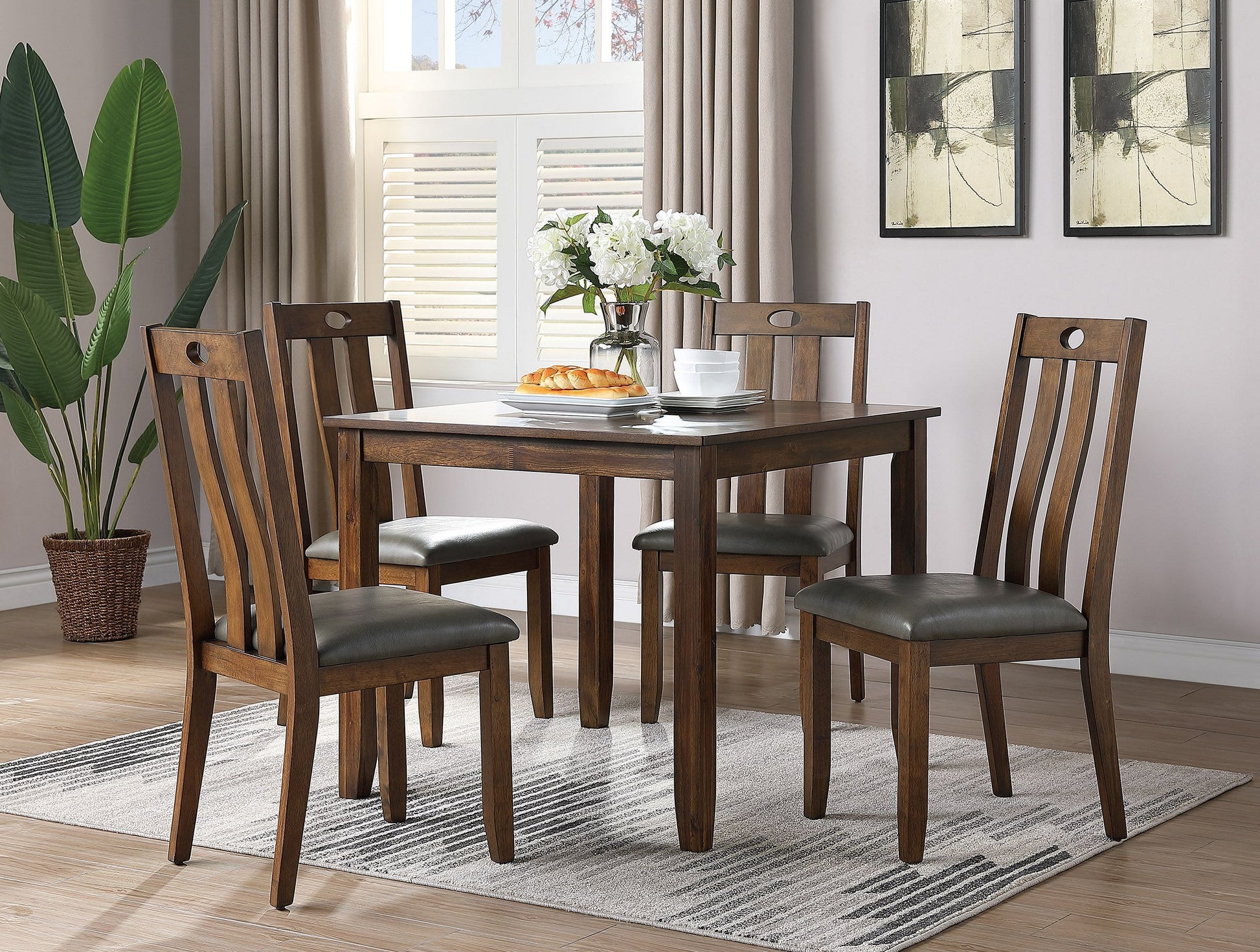 Natural Brown Finish Dinette 5pc Set Kitchen Breakfast light brown-wood-dining room-solid