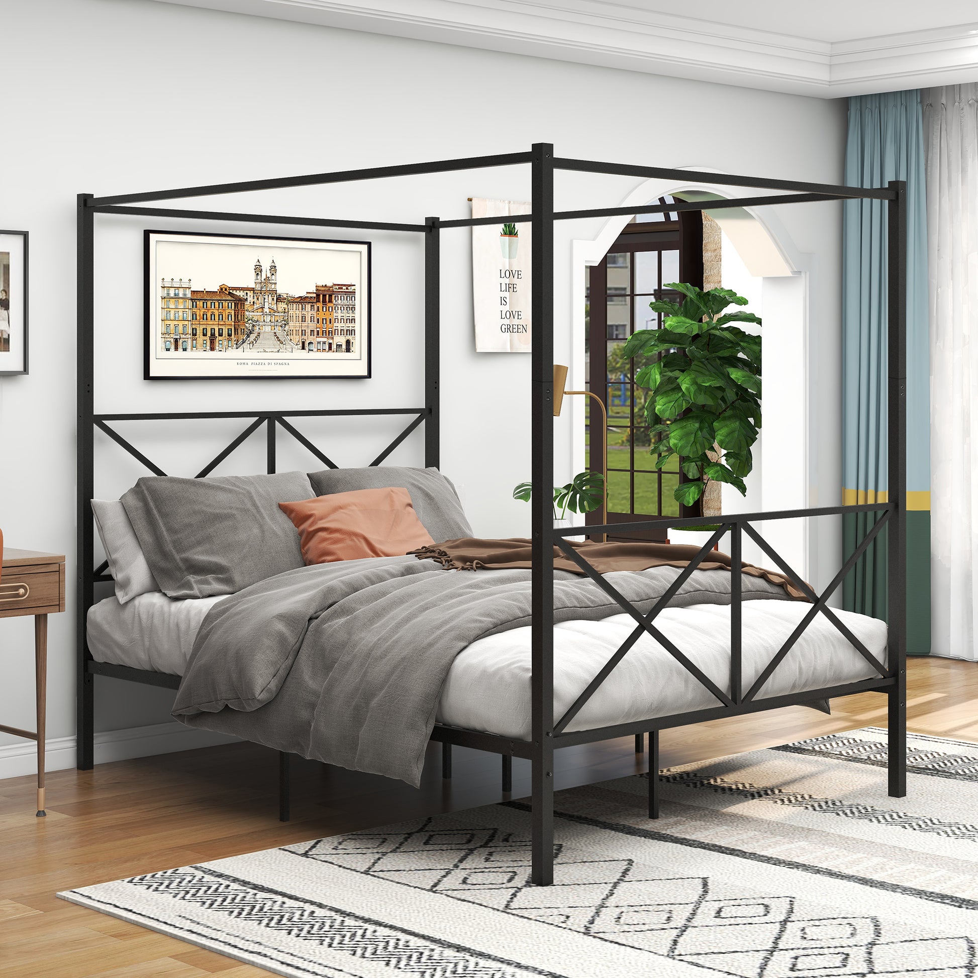 Metal Canopy Bed Frame, Platform Bed Frame Queen with black-metal