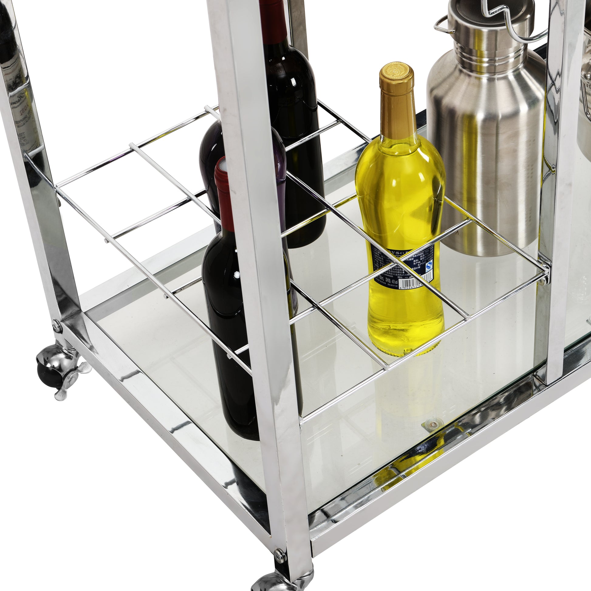 Contemporary Chrome Bar Serving Cart Tempered