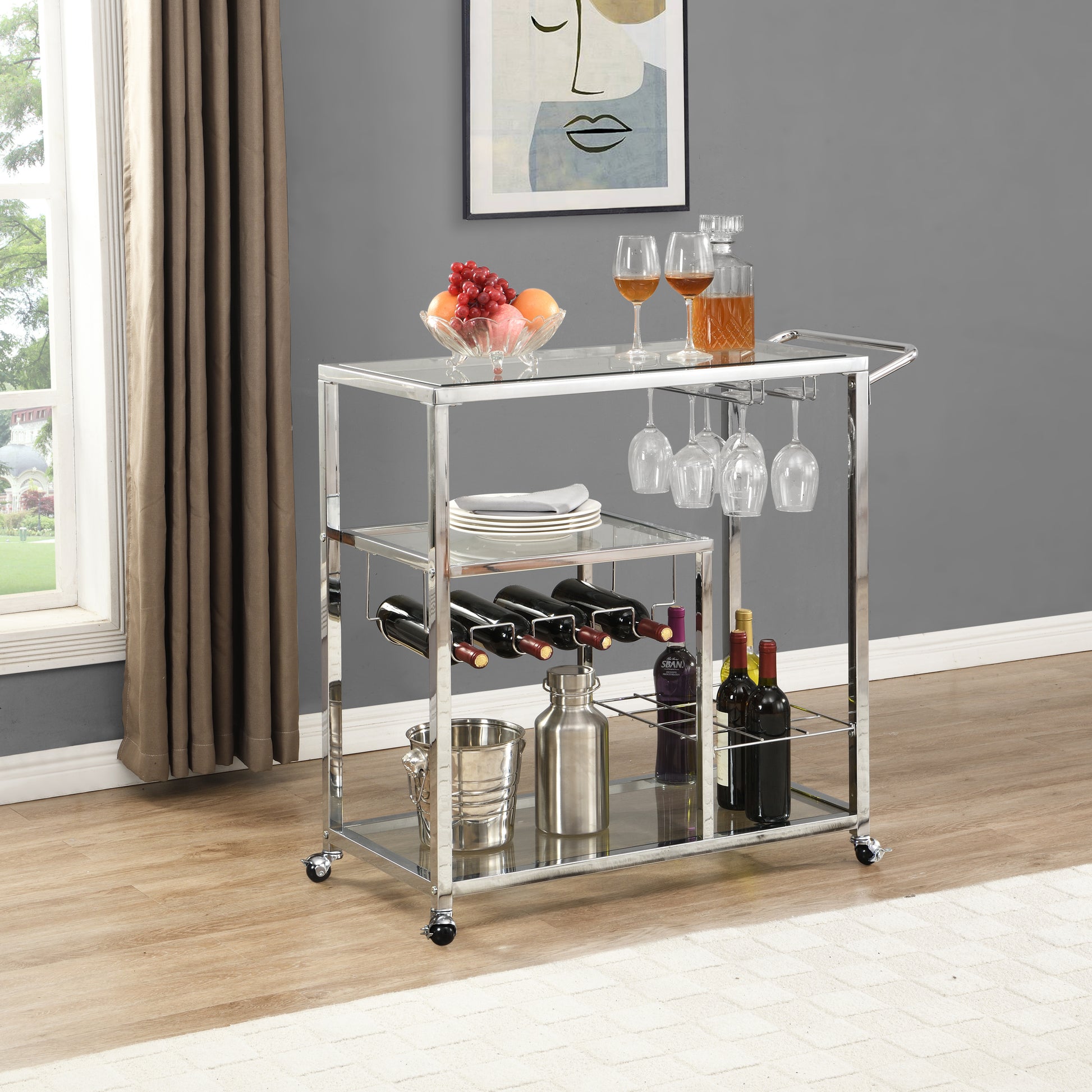 Contemporary Chrome Bar Serving Cart Tempered