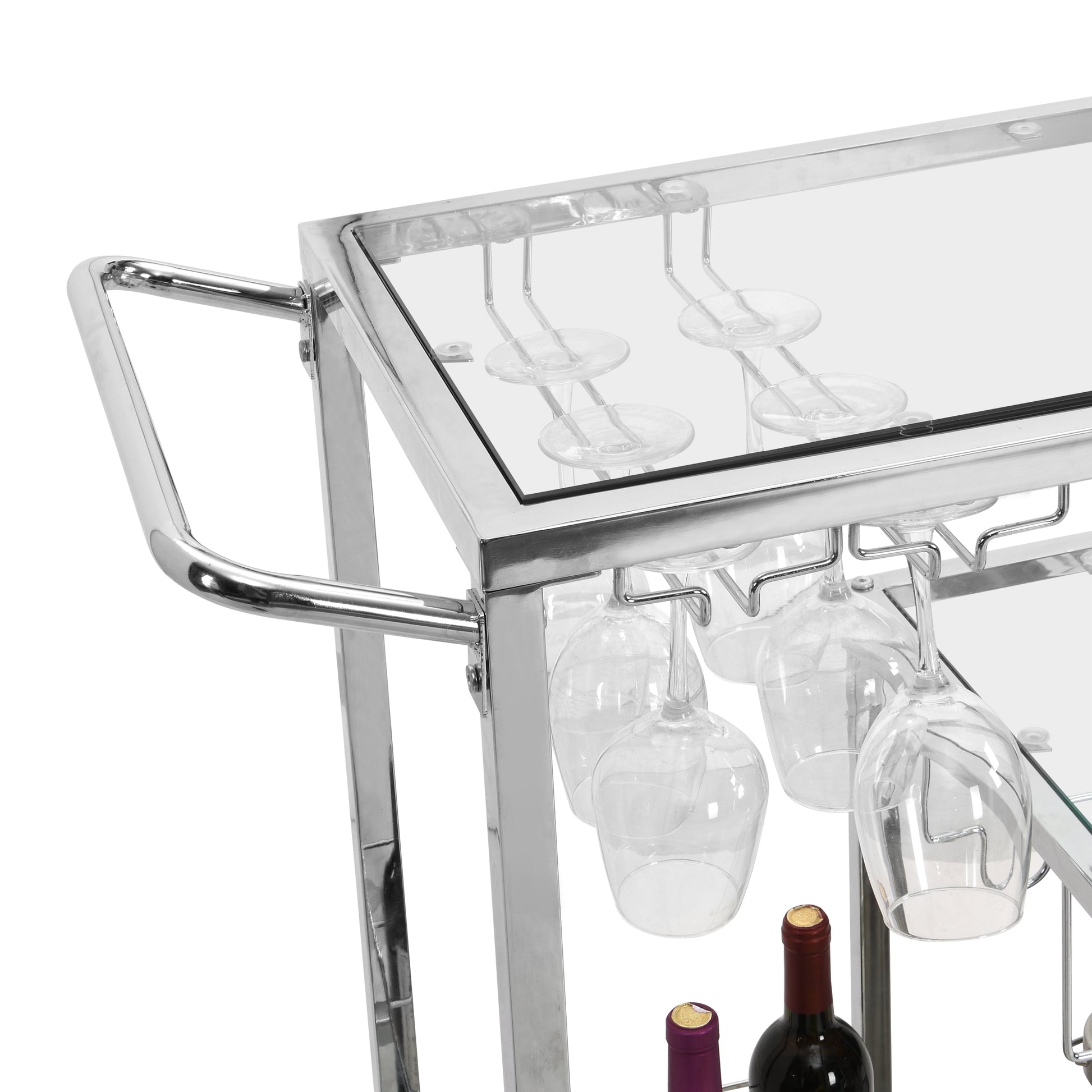 Contemporary Chrome Bar Serving Cart Tempered