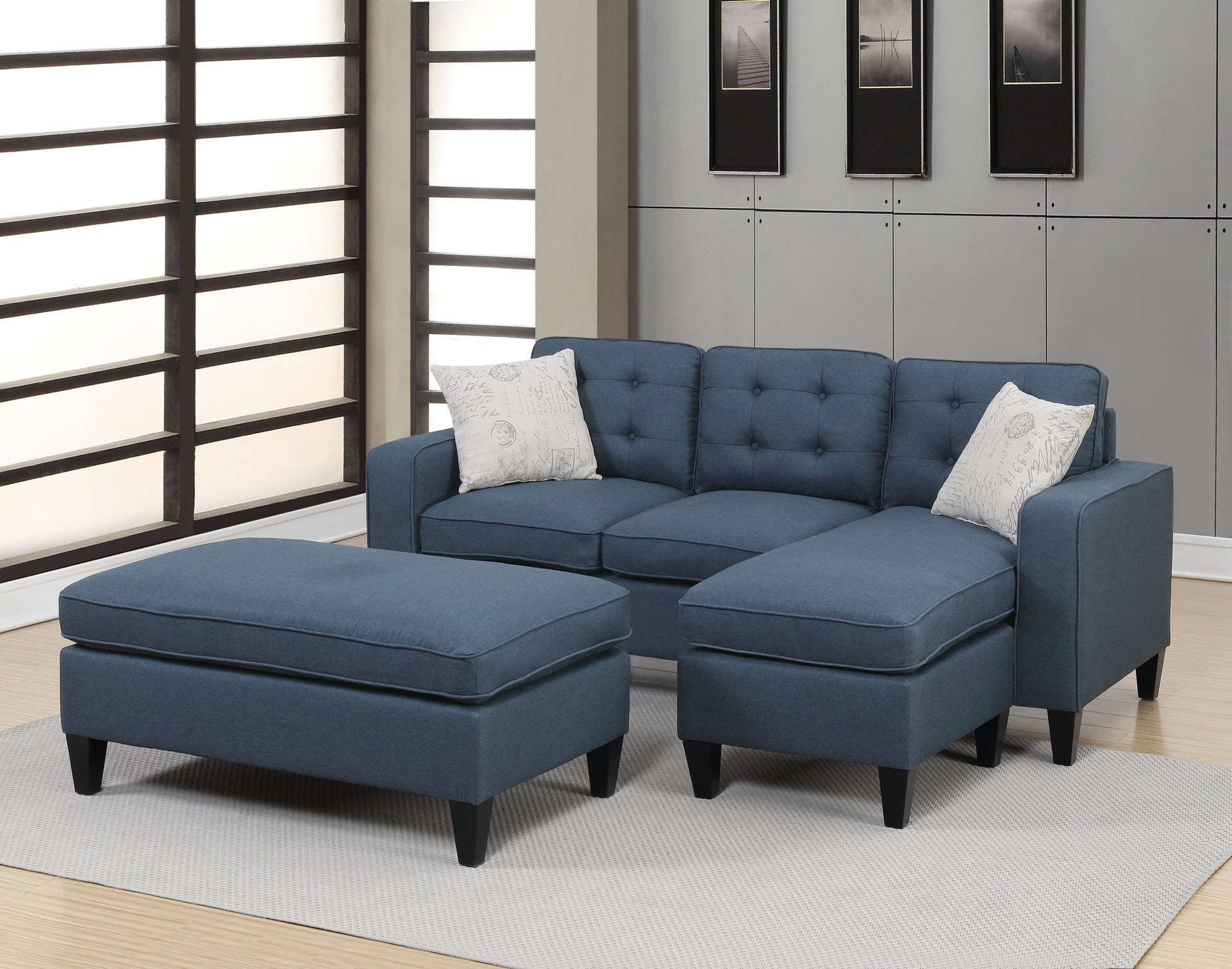 Reversible 3pc Sectional Sofa Set Navy Tufted navy-wood-primary living space-cushion