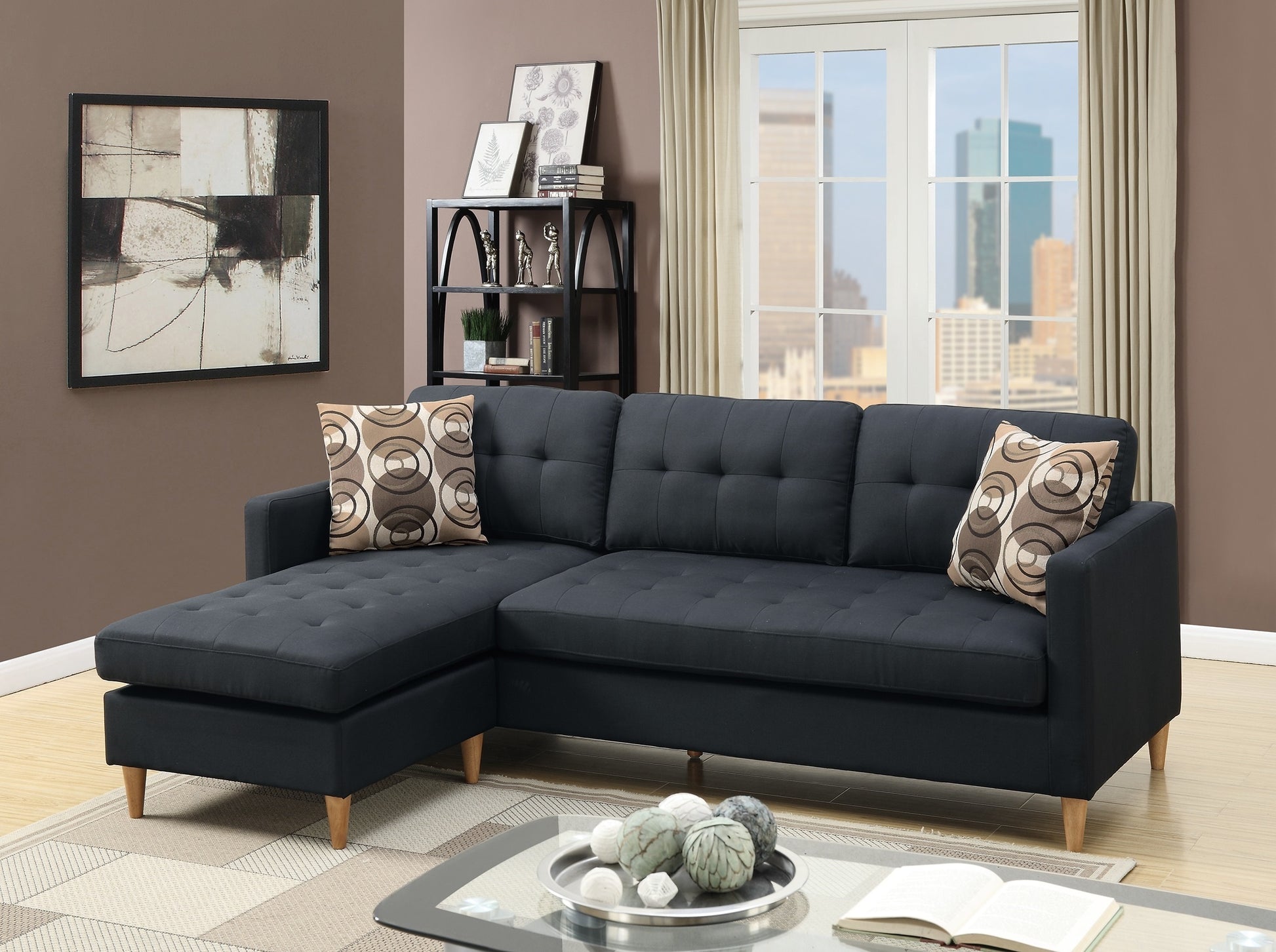 Black Polyfiber Sectional Sofa Living Room Furniture black-wood-primary living space-cushion