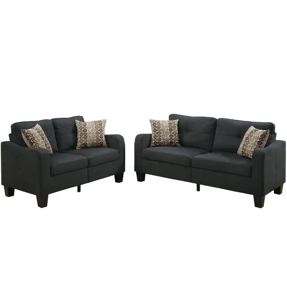 Living Room Furniture 2pc Sofa Set Black Polyfiber black-primary living space-cushion