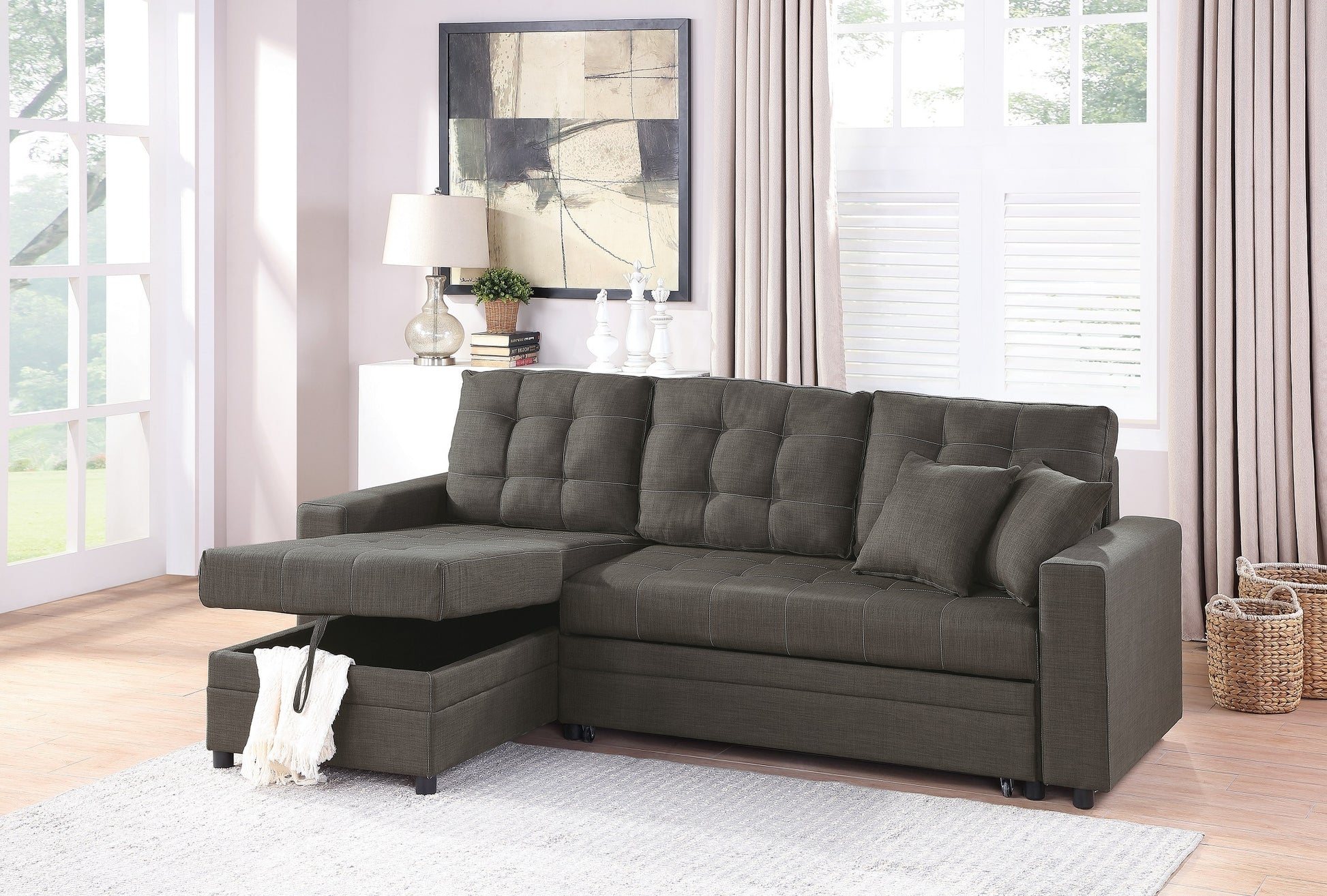 Ash Black Convertible Sectional Pull Out Bed Sofa antique black-wood-primary living space-tufted