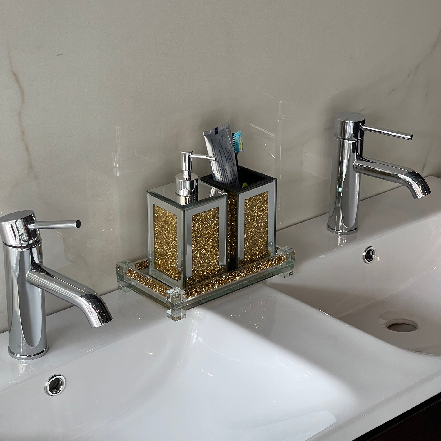 Ambrose Exquisite 3 Piece Square Soap Dispenser and gold-glass