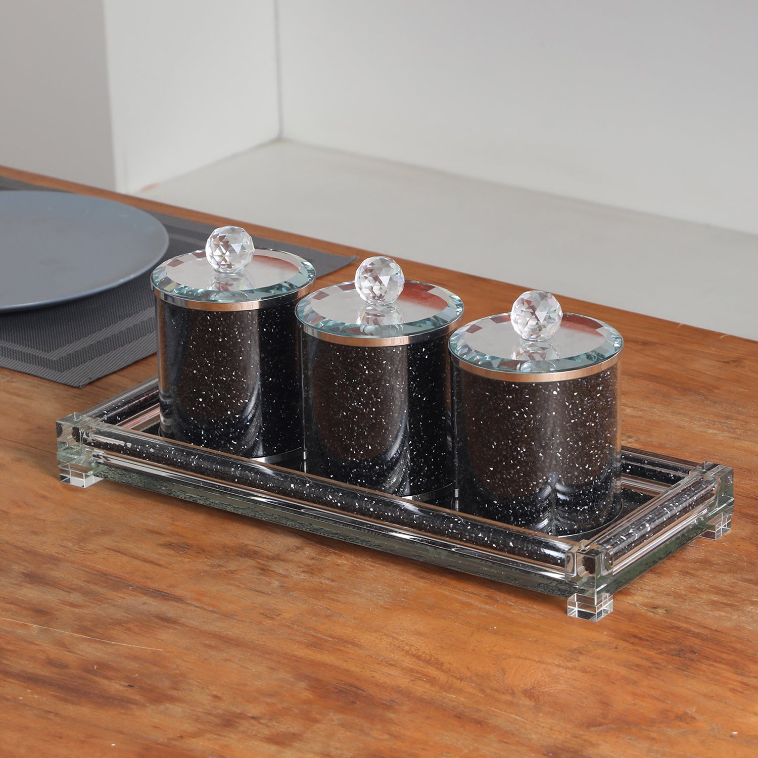 Ambrose Exquisite Tea, Sugar, Coffee Canisters with black-glass