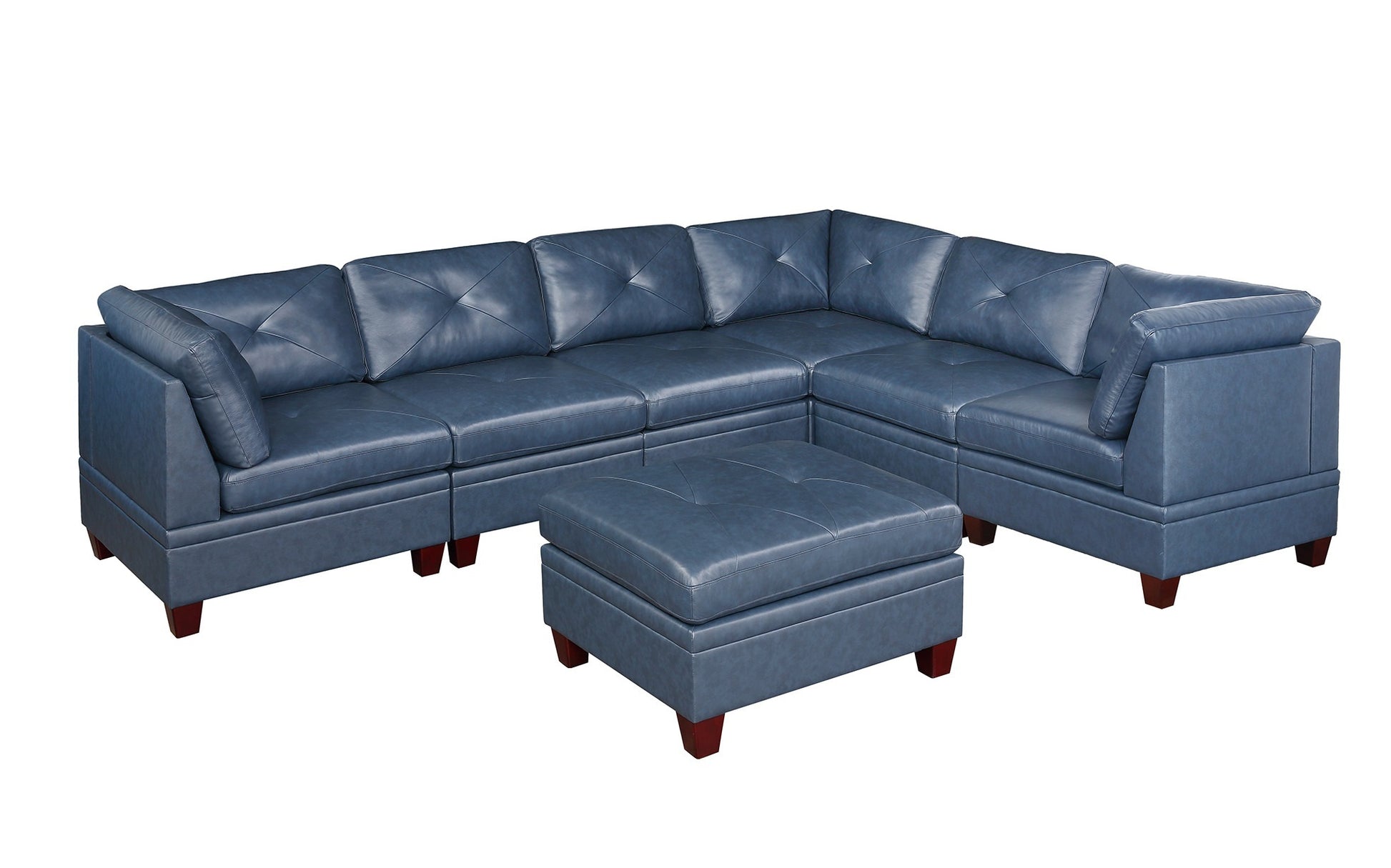 Genuine Leather Ink Blue Tufted 6pc Sectional Set 3x blue-genuine leather-wood-primary living