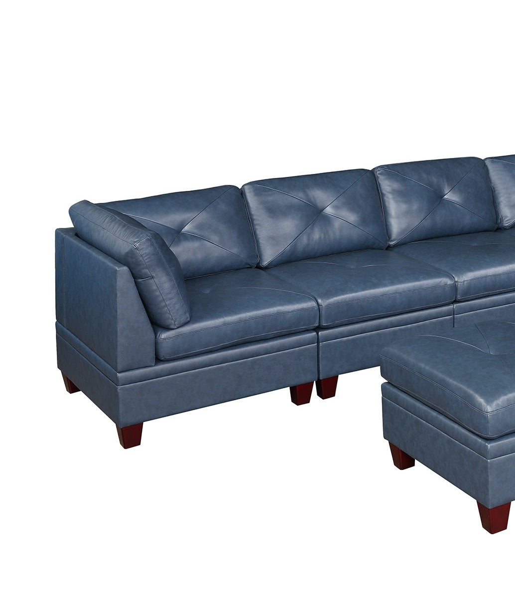 Genuine Leather Ink Blue Tufted 7pc Modular Sofa Set blue-genuine leather-wood-primary living