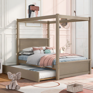 Wood Canopy Bed with Trundle Bed ,Full Size Canopy light brown-solid wood